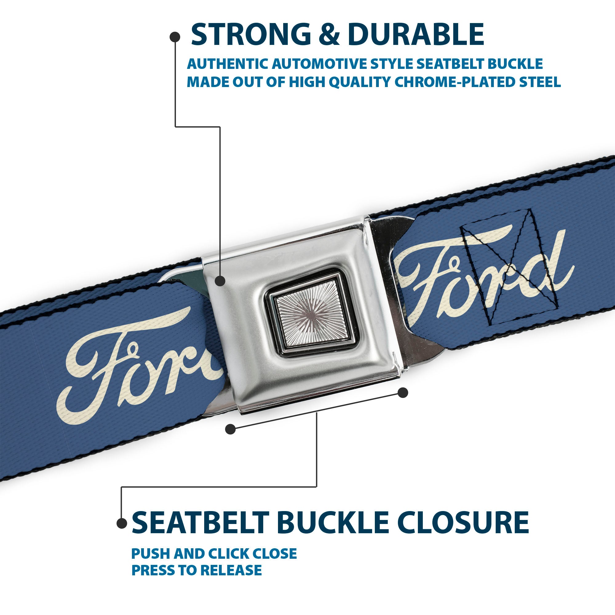 Starburst Seatbelt Belt - FORD Script Blue/White Webbing Seatbelt Belts Ford