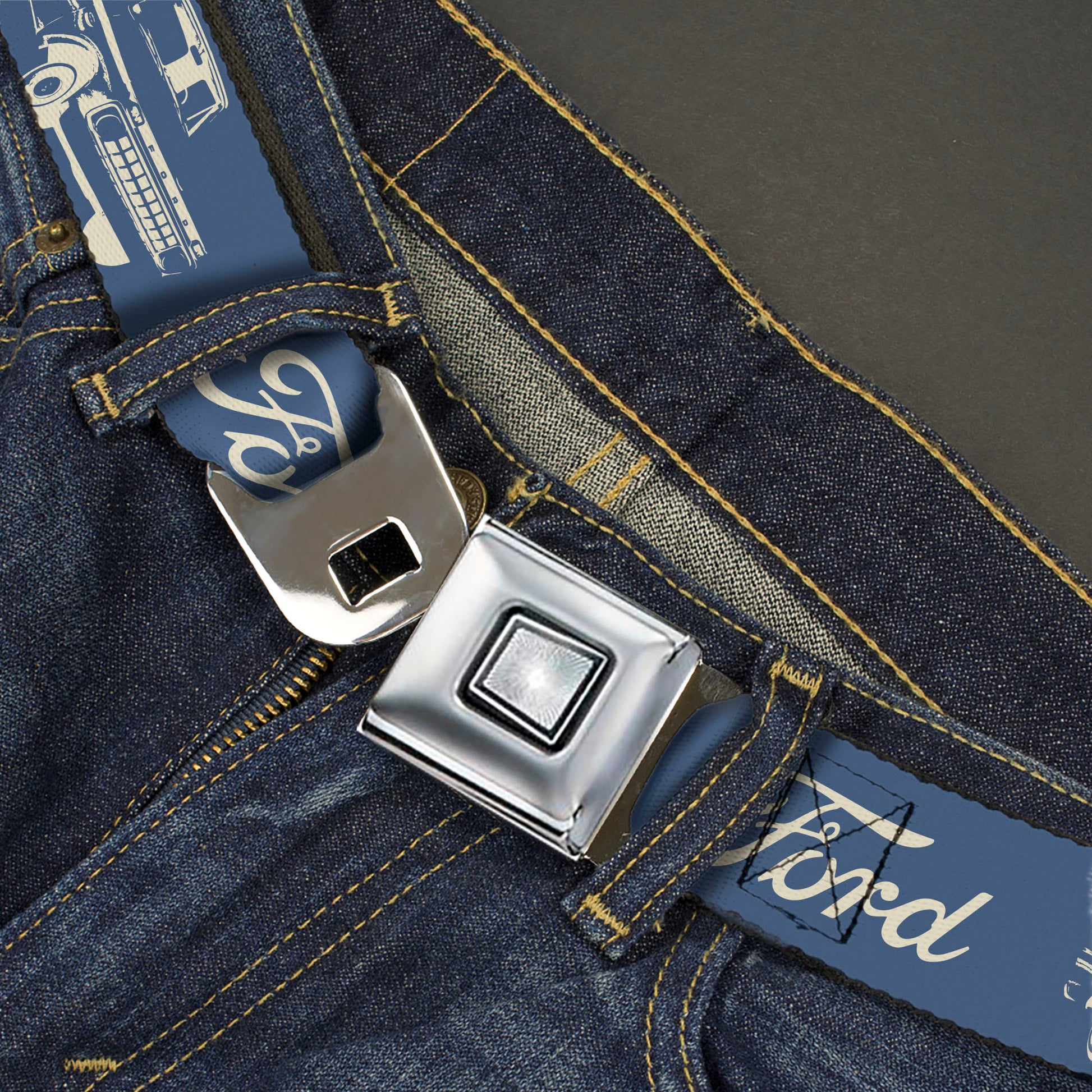 Starburst Seatbelt Belt - FORD Script and Vintage Truck Blue/White Webbing Seatbelt Belts Ford