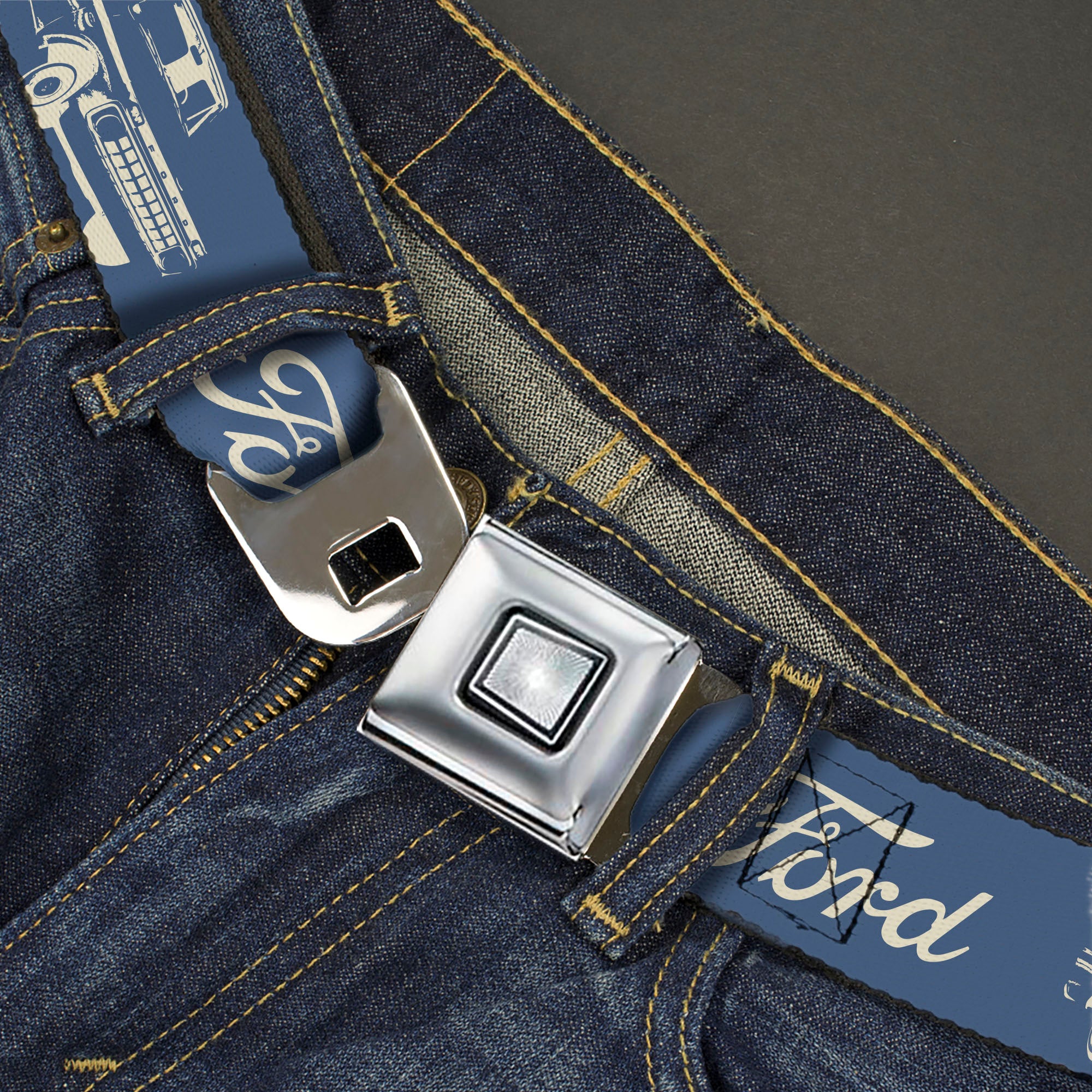 Starburst Seatbelt Belt - FORD Script and Vintage Truck Blue/White Webbing Seatbelt Belts Ford