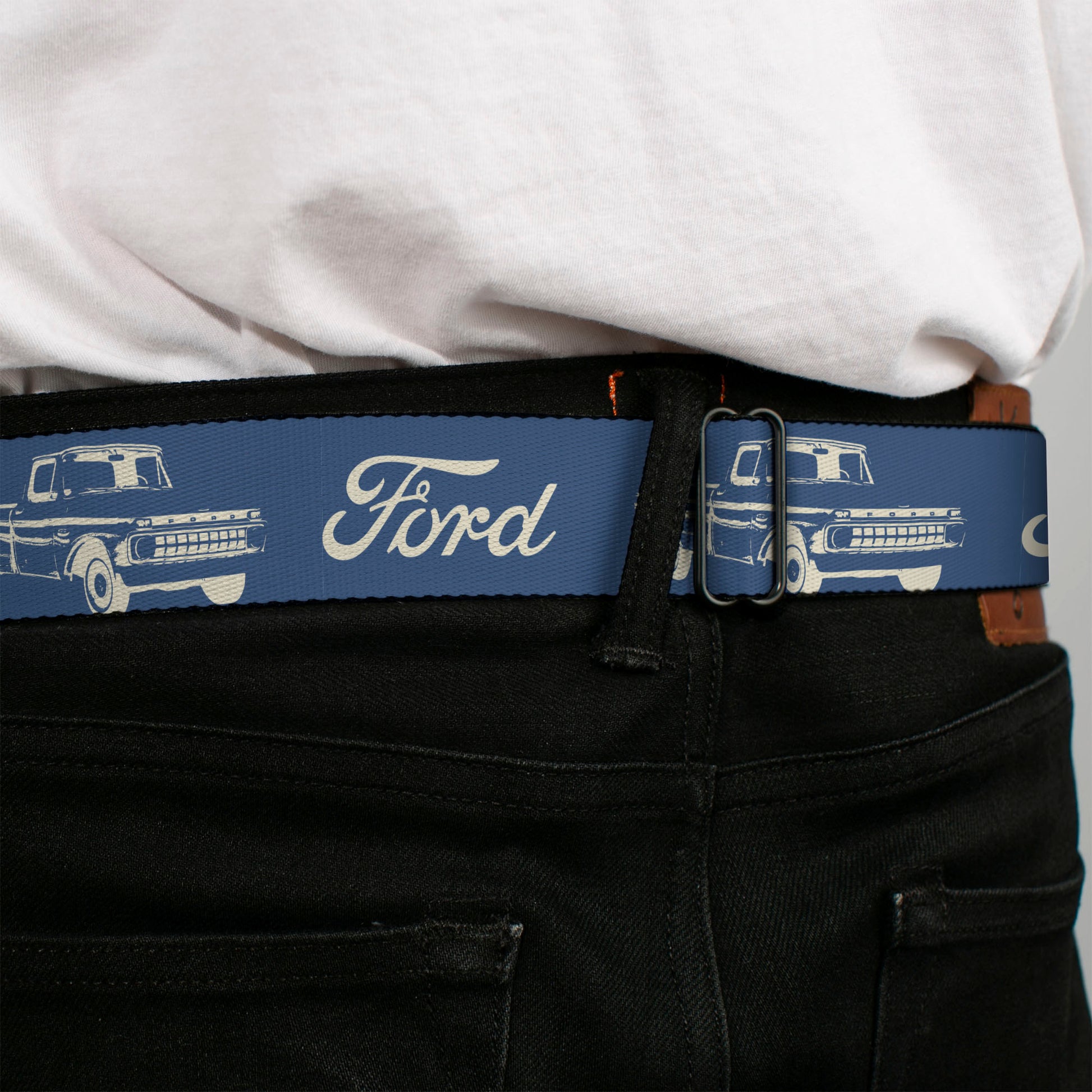 Starburst Seatbelt Belt - FORD Script and Vintage Truck Blue/White Webbing Seatbelt Belts Ford