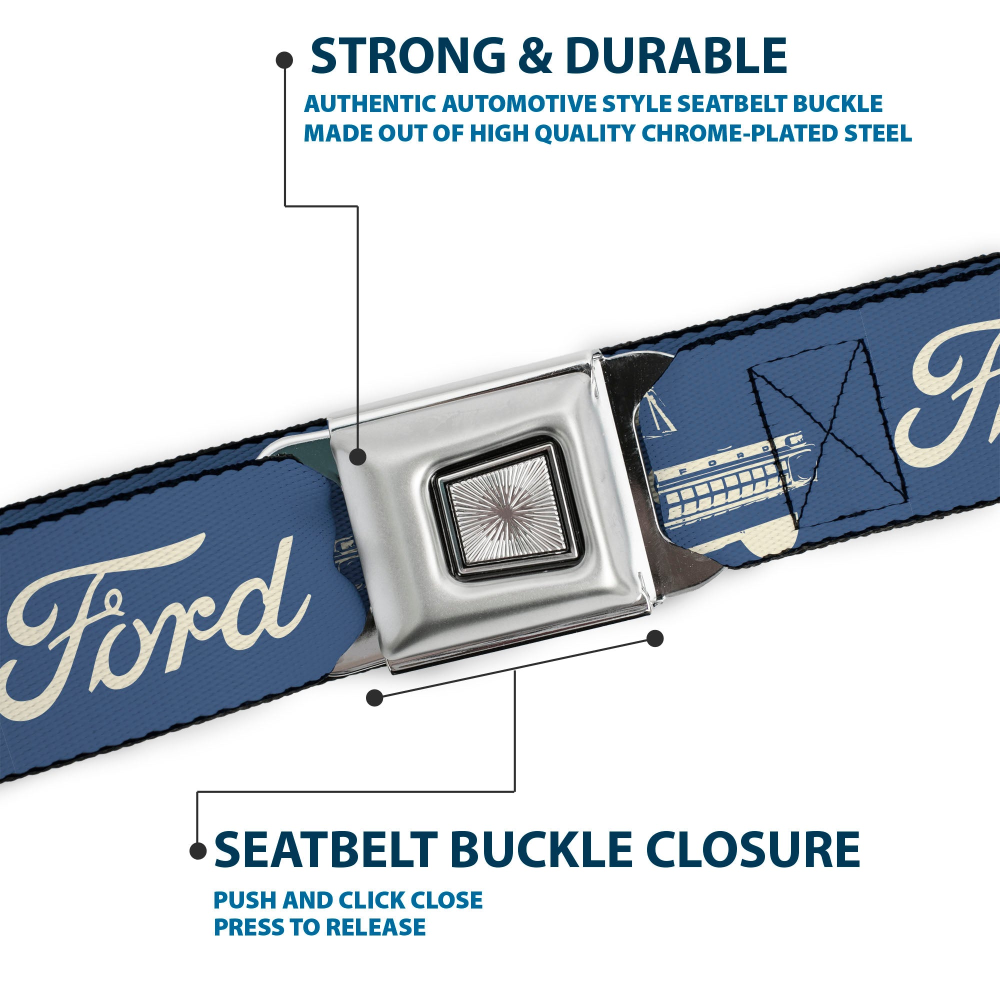 Starburst Seatbelt Belt - FORD Script and Vintage Truck Blue/White Webbing Seatbelt Belts Ford