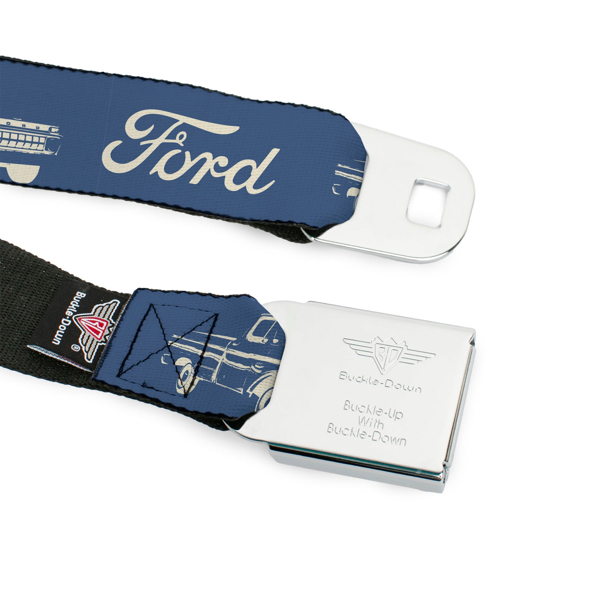 Starburst Seatbelt Belt - FORD Script and Vintage Truck Blue/White Webbing Seatbelt Belts Ford