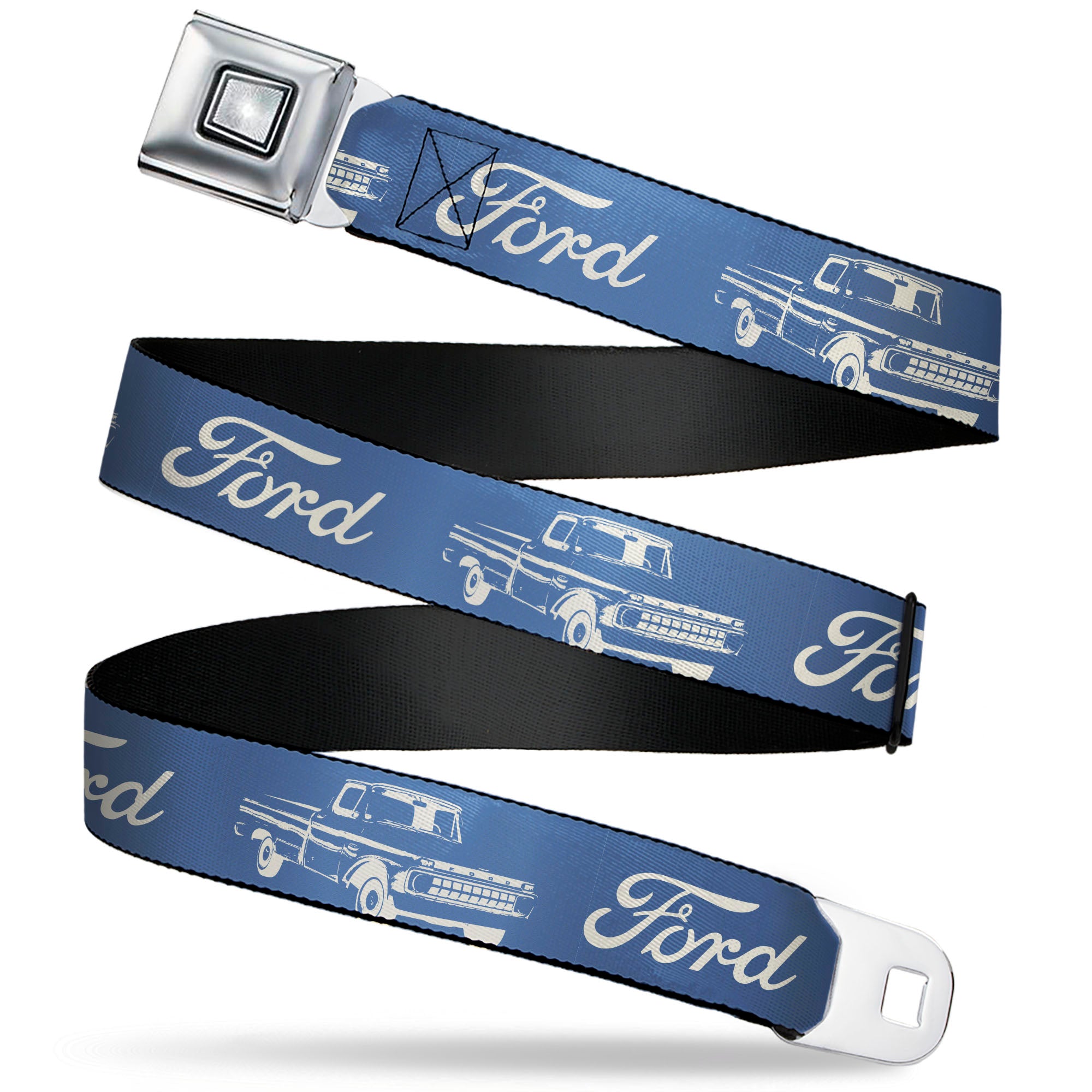 Starburst Seatbelt Belt - FORD Script and Vintage Truck Blue/White Webbing Seatbelt Belts Ford