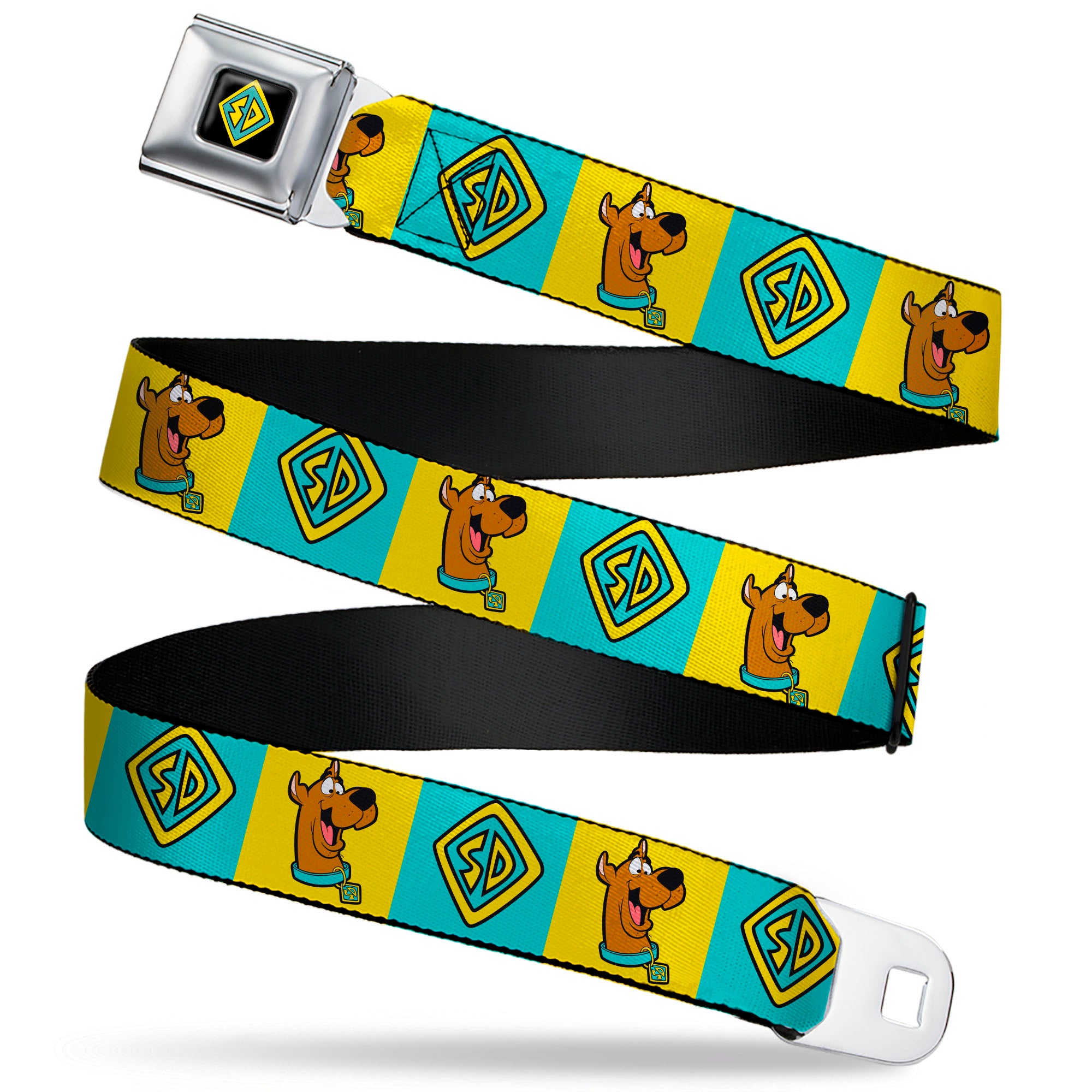 SD Dog Tag Full Color Black/Yellow/Blue Seatbelt Belt - Scooby Doo Pose and Dog Tag Blocks Yellow/Blue Webbing Seatbelt Belts Scooby Doo