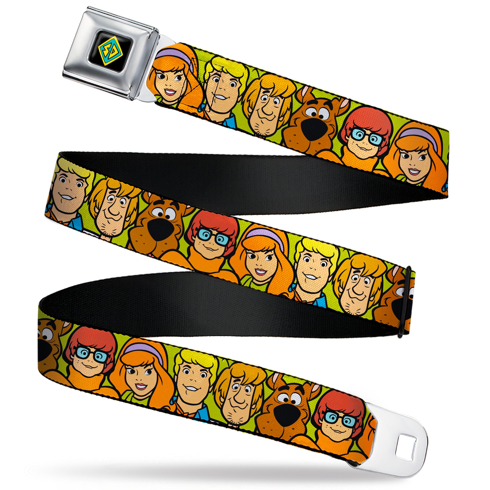 SD Dog Tag Full Color Black/Yellow/Blue Seatbelt Belt - Scooby Doo Character Faces Close-Up Green Webbing Seatbelt Belts Scooby Doo