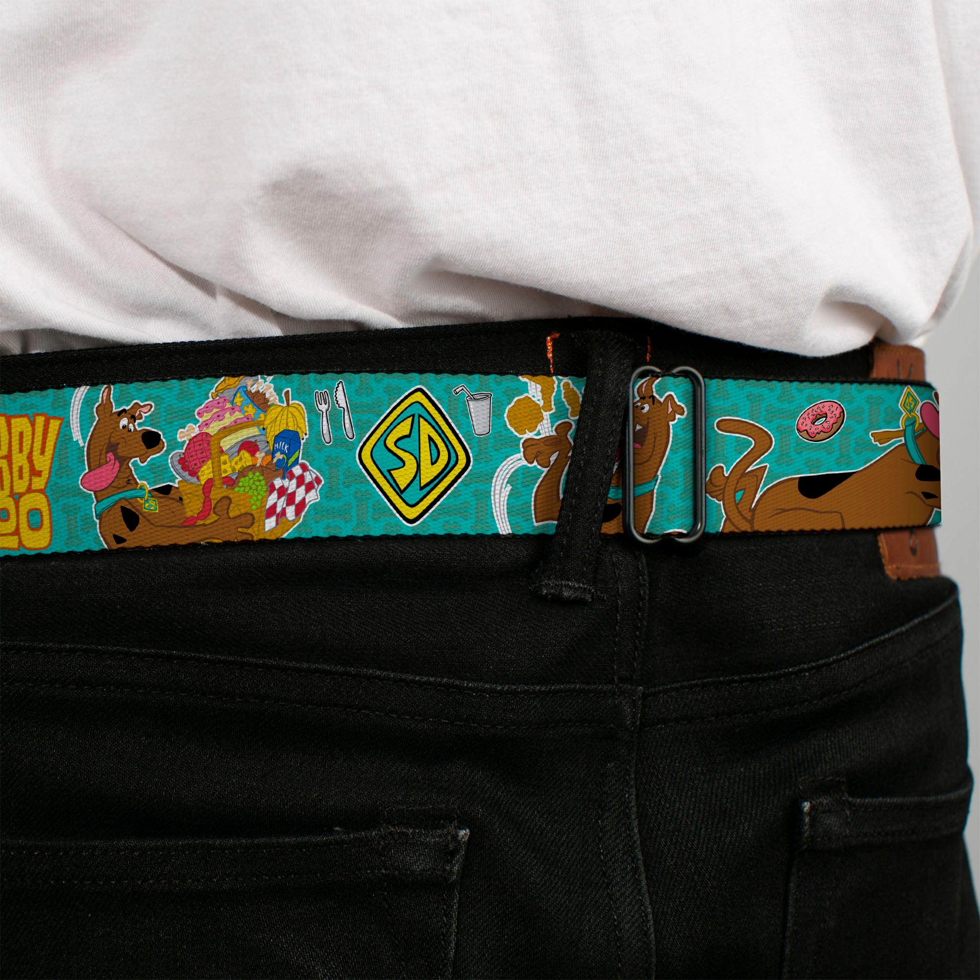 Scooby Doo Face Full Color Black Seatbelt Belt - Scooby Doo & Snacks/Bone Monogram Blues Webbing Seatbelt Belts Scooby Doo