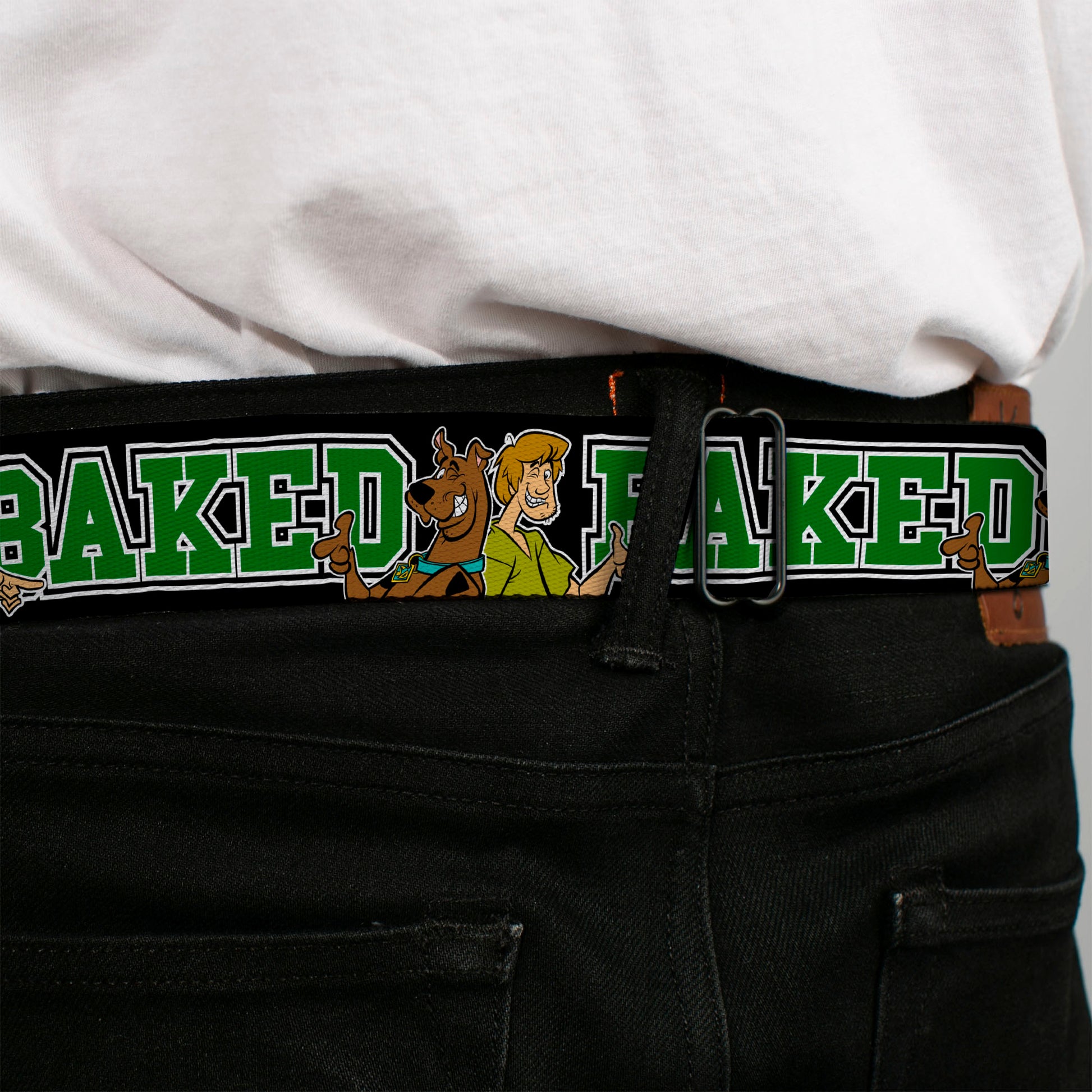 Scooby Doo Face Full Color Black Seatbelt Belt - Scooby Doo & Shaggy Pose/BAKED Black/Green Webbing Seatbelt Belts Scooby Doo