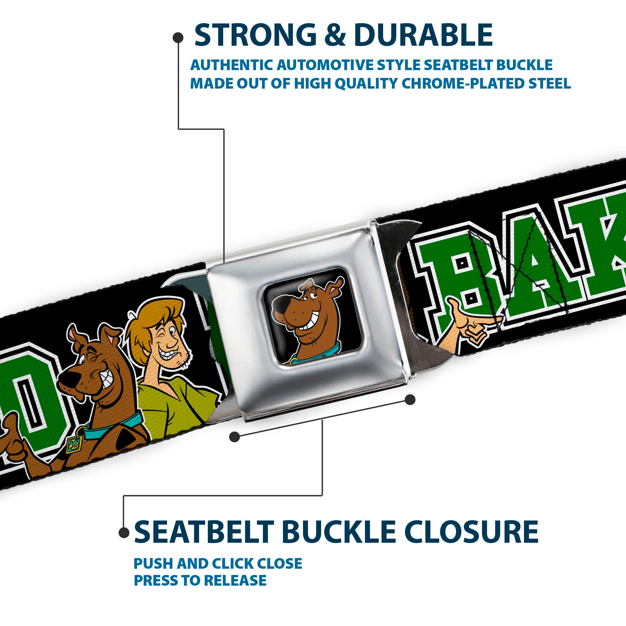 Scooby Doo Face Full Color Black Seatbelt Belt - Scooby Doo & Shaggy Pose/BAKED Black/Green Webbing Seatbelt Belts Scooby Doo