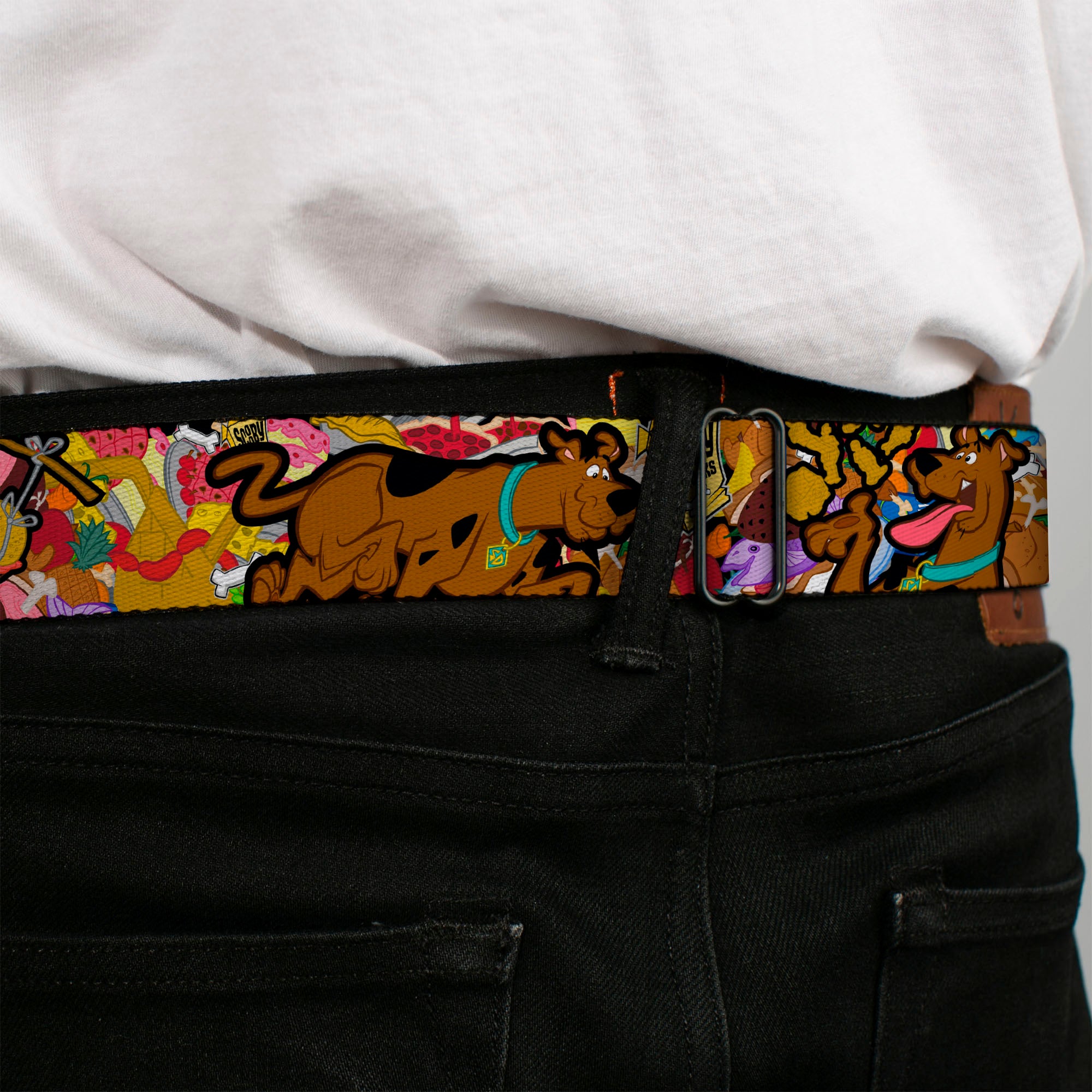 Scooby Doo Face Full Color Black Seatbelt Belt - Scooby Doo Poses/Snacks Stacked Webbing Seatbelt Belts Scooby Doo