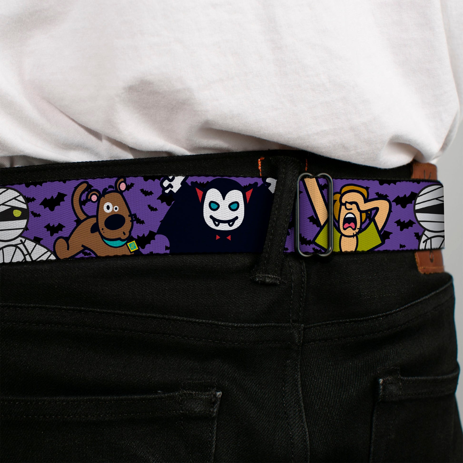 Scooby Doo Face Full Color Black Seatbelt Belt - Mini Scooby Doo Halloween/Bats Purple/Black Webbing Seatbelt Belts Scooby Doo
