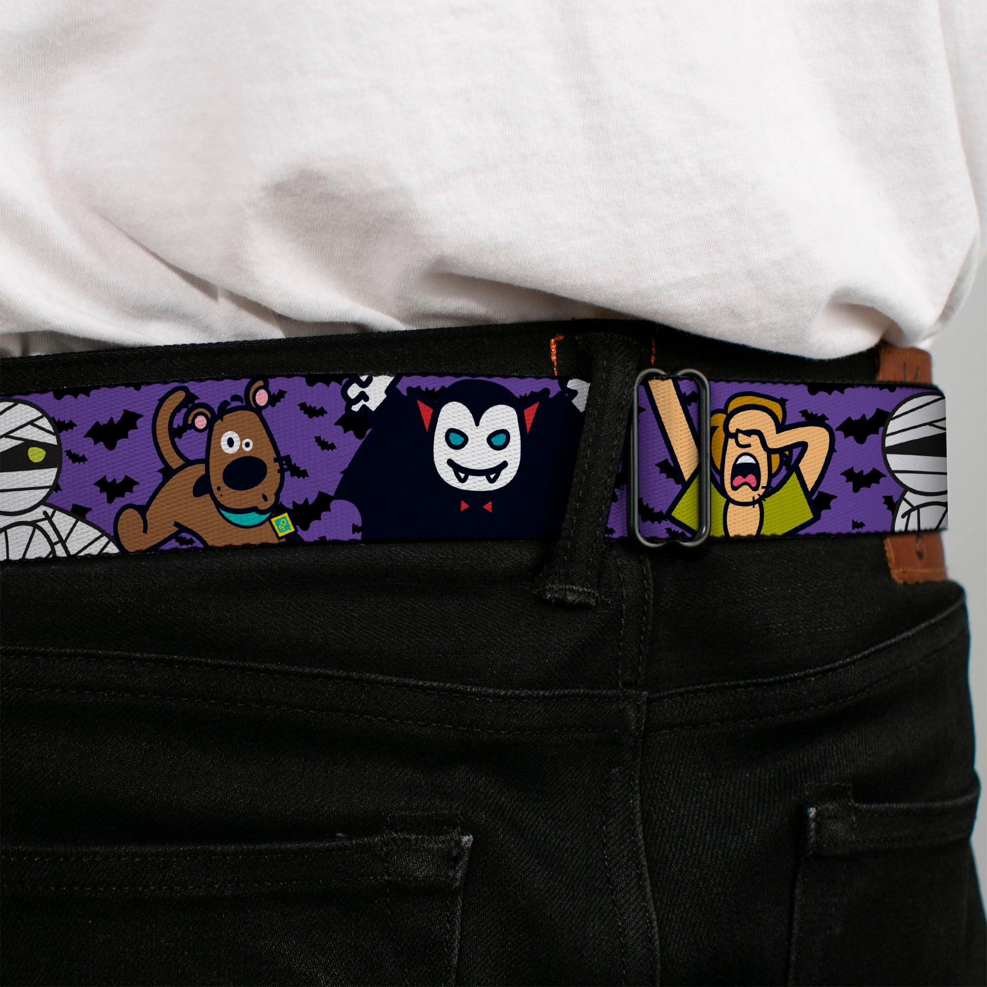 Scooby Doo Face Full Color Black Seatbelt Belt - Mini Scooby Doo Halloween/Bats Purple/Black Webbing Seatbelt Belts Scooby Doo