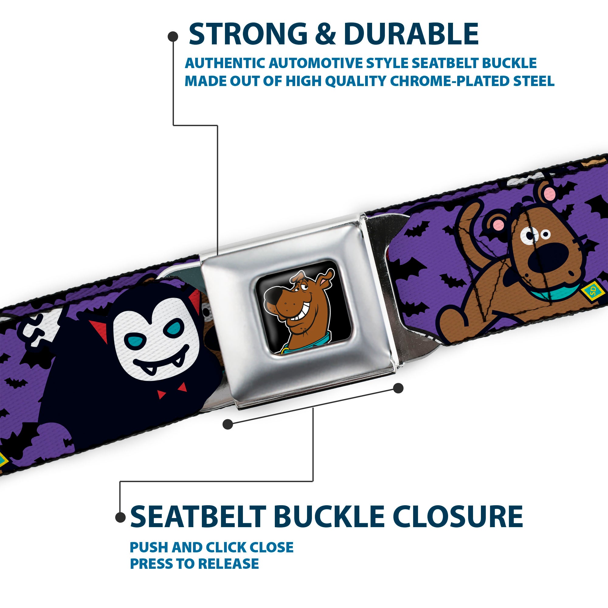 Scooby Doo Face Full Color Black Seatbelt Belt - Mini Scooby Doo Halloween/Bats Purple/Black Webbing Seatbelt Belts Scooby Doo