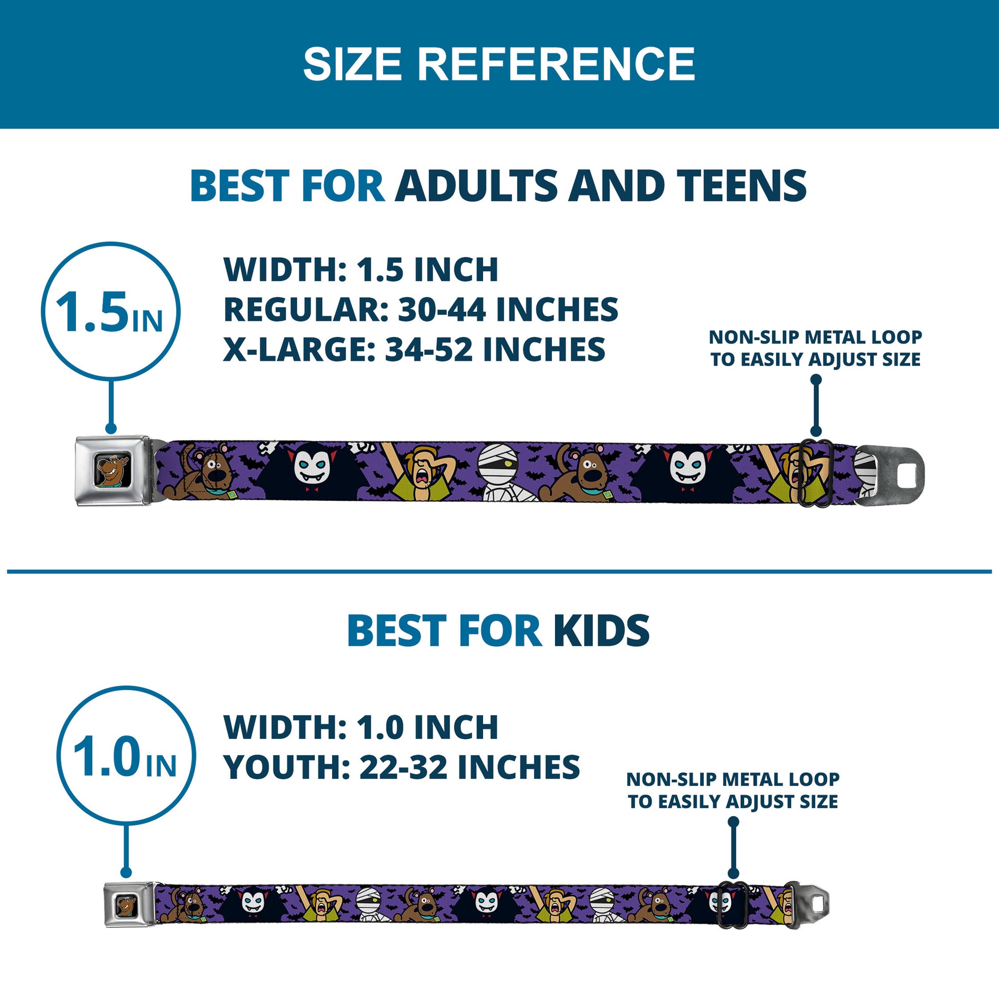 Scooby Doo Face Full Color Black Seatbelt Belt - Mini Scooby Doo Halloween/Bats Purple/Black Webbing Seatbelt Belts Scooby Doo