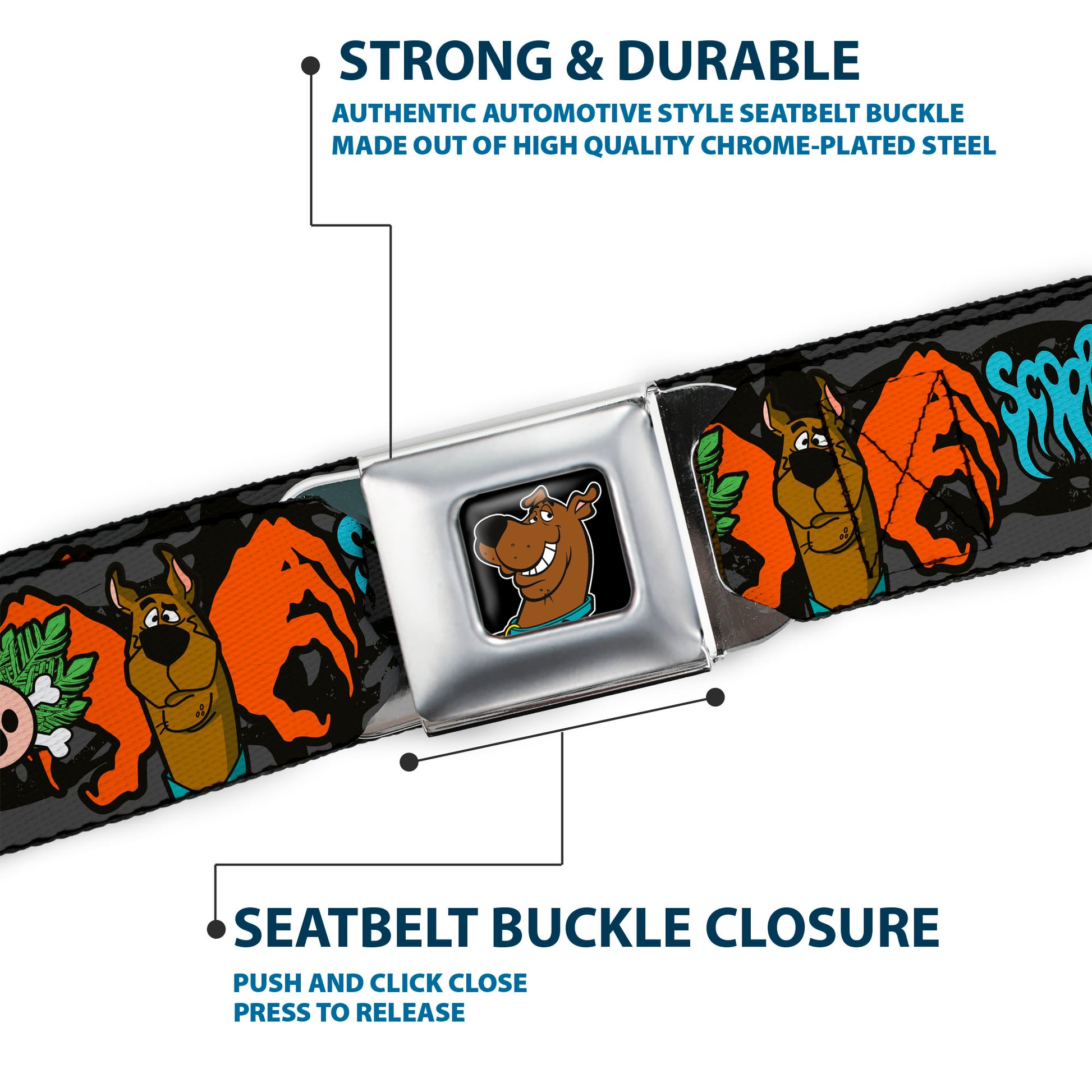 Scooby Doo Face Full Color Black Seatbelt Belt - SCOOBY DOO Face/Paw & Crossbones Gray/Black/Orange/Blue Webbing Seatbelt Belts Scooby Doo