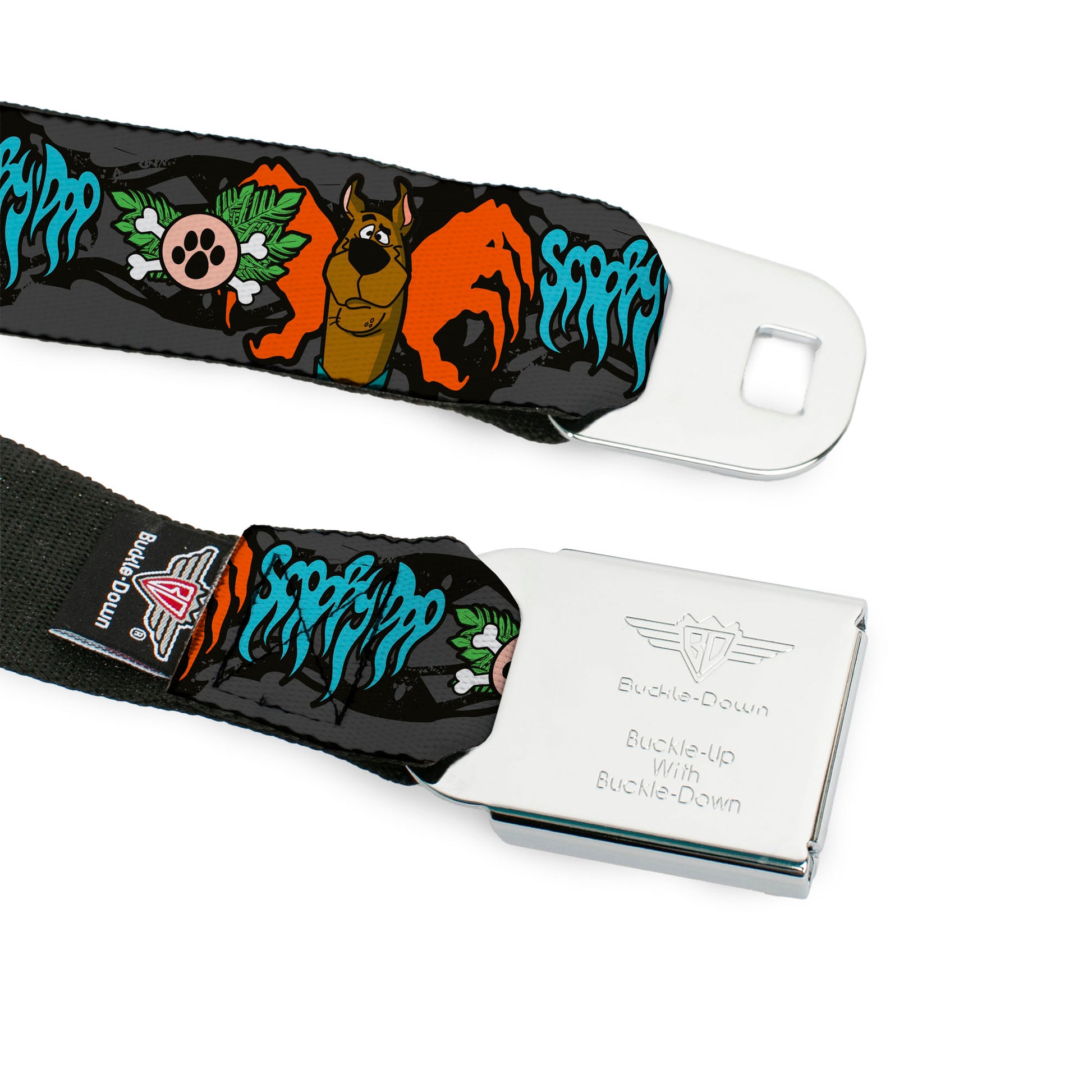 Scooby Doo Face Full Color Black Seatbelt Belt - SCOOBY DOO Face/Paw & Crossbones Gray/Black/Orange/Blue Webbing Seatbelt Belts Scooby Doo