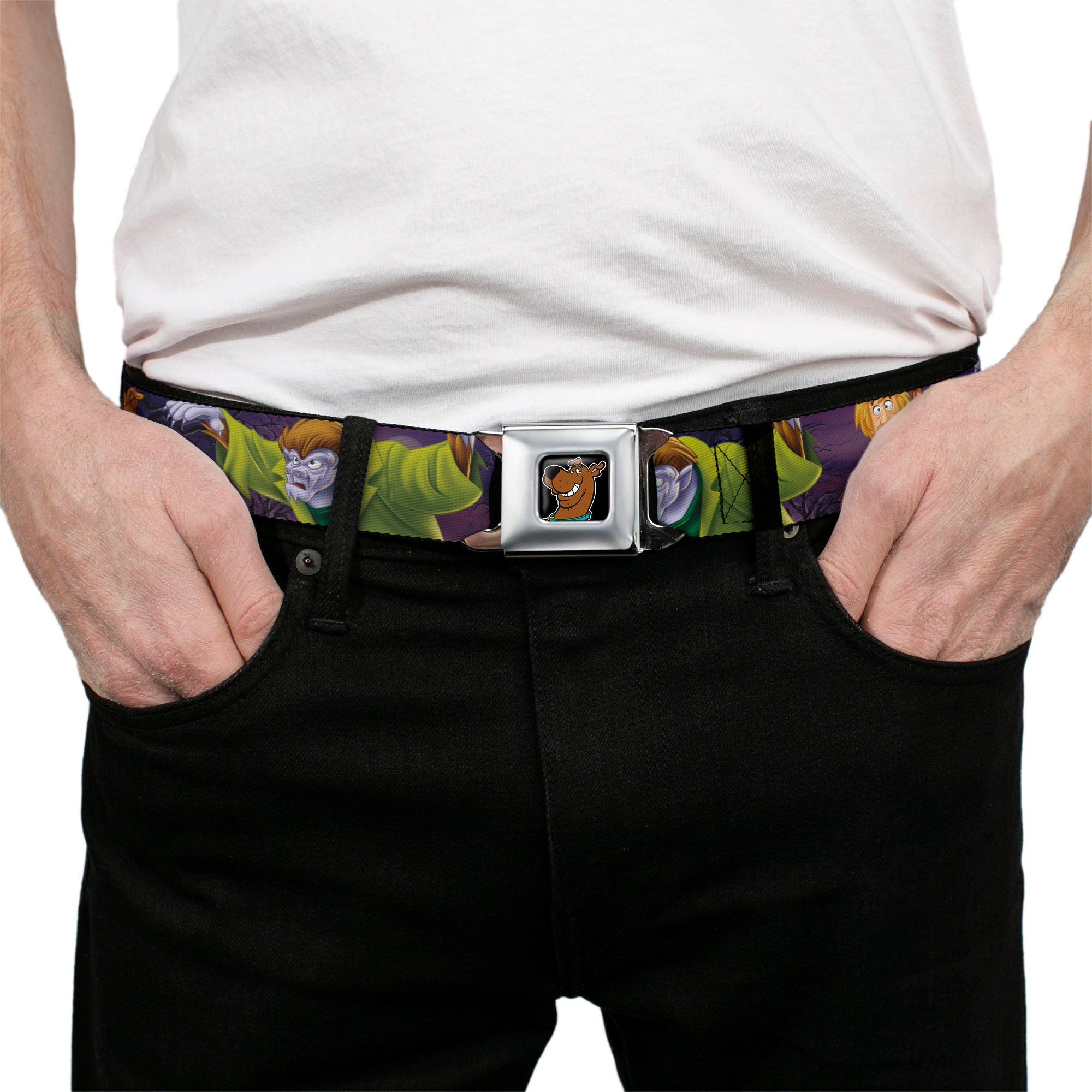 Scooby Doo Face Full Color Black Seatbelt Belt - Scooby & Shaggy Hugging w/Werewolf Man Purple Webbing Seatbelt Belts Scooby Doo
