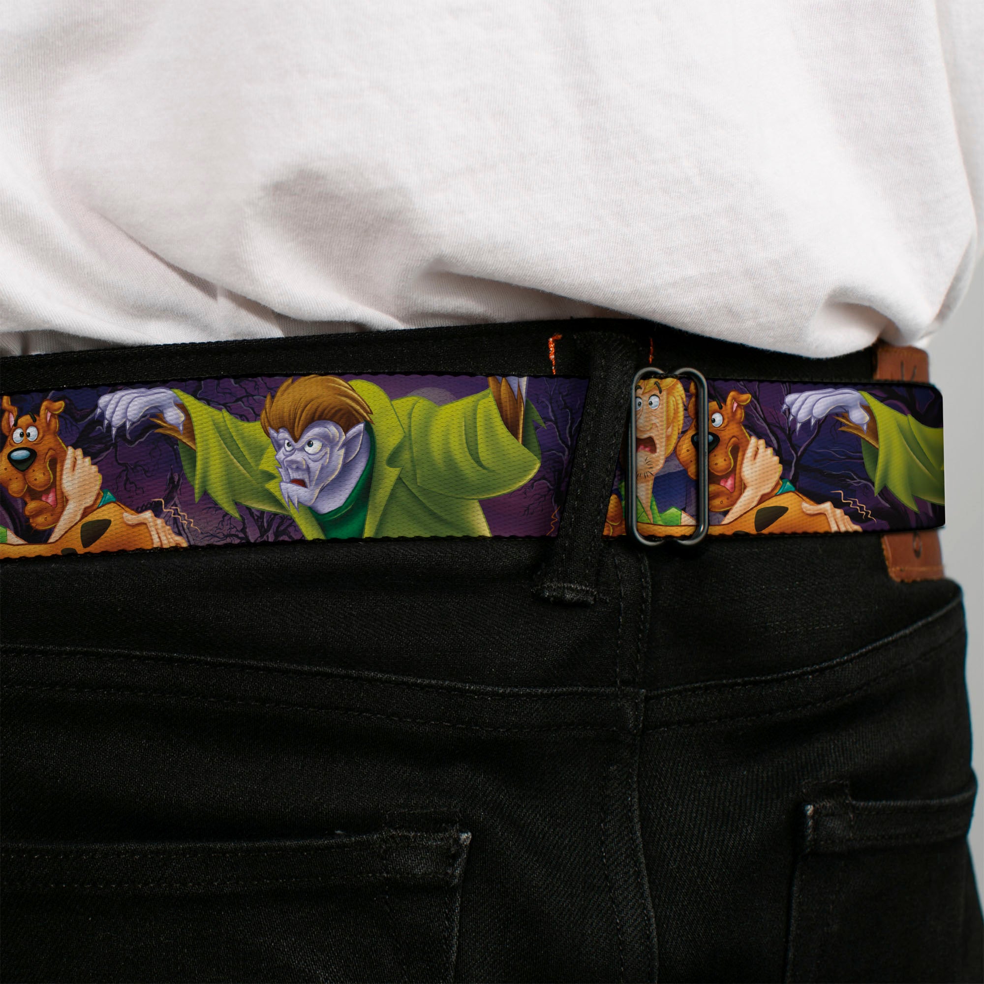 Scooby Doo Face Full Color Black Seatbelt Belt - Scooby & Shaggy Hugging w/Werewolf Man Purple Webbing Seatbelt Belts Scooby Doo