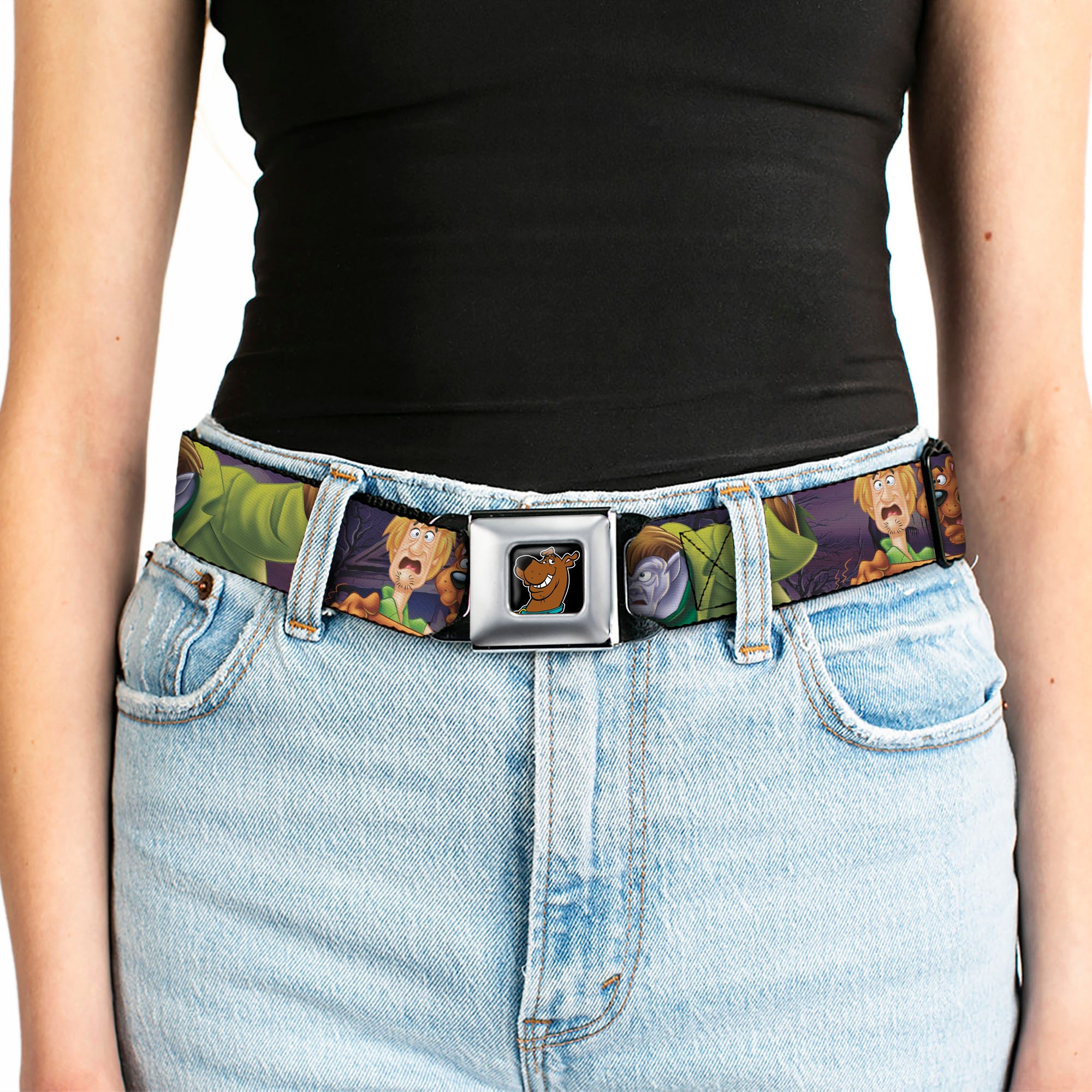 Scooby Doo Face Full Color Black Seatbelt Belt - Scooby & Shaggy Hugging w/Werewolf Man Purple Webbing Seatbelt Belts Scooby Doo