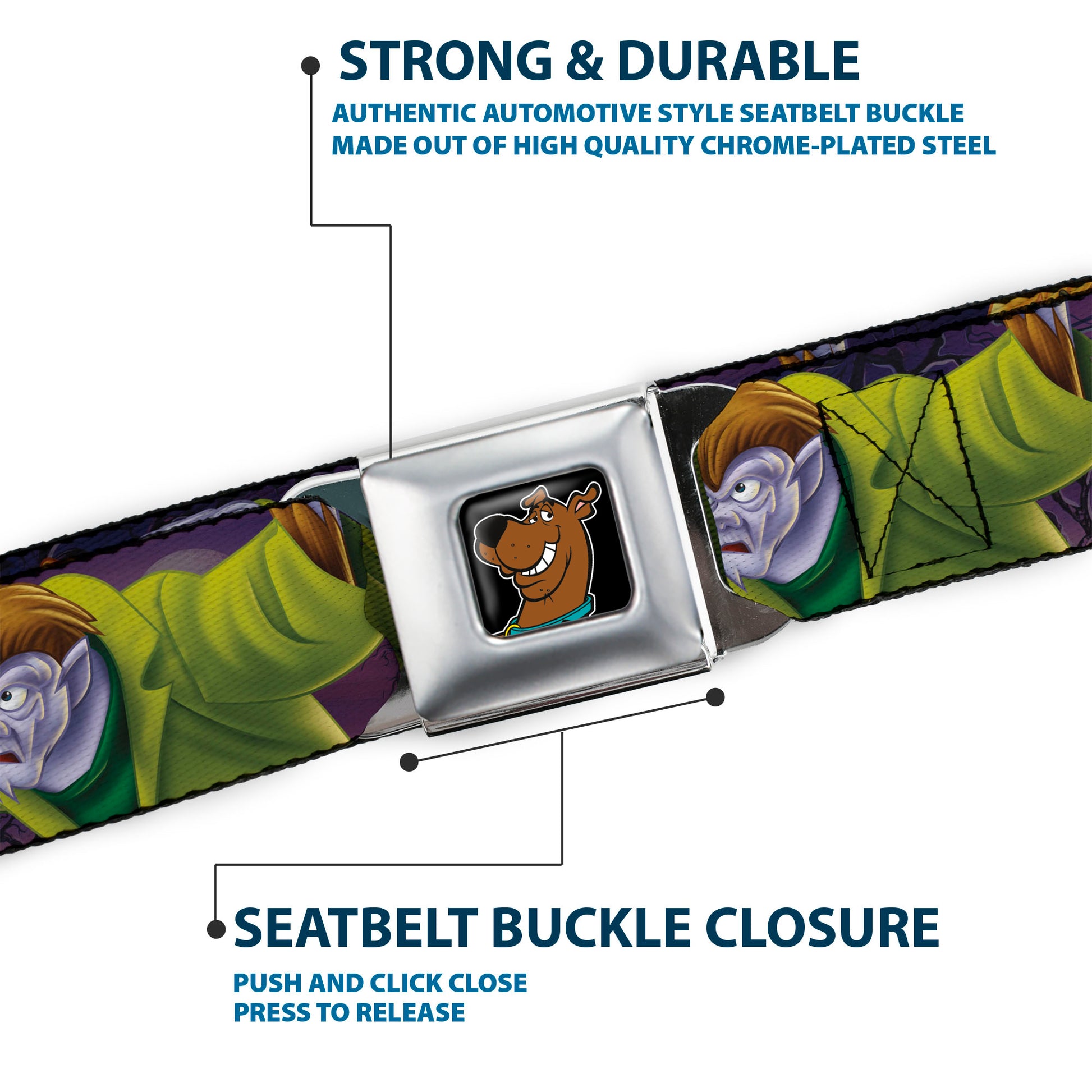 Scooby Doo Face Full Color Black Seatbelt Belt - Scooby & Shaggy Hugging w/Werewolf Man Purple Webbing Seatbelt Belts Scooby Doo