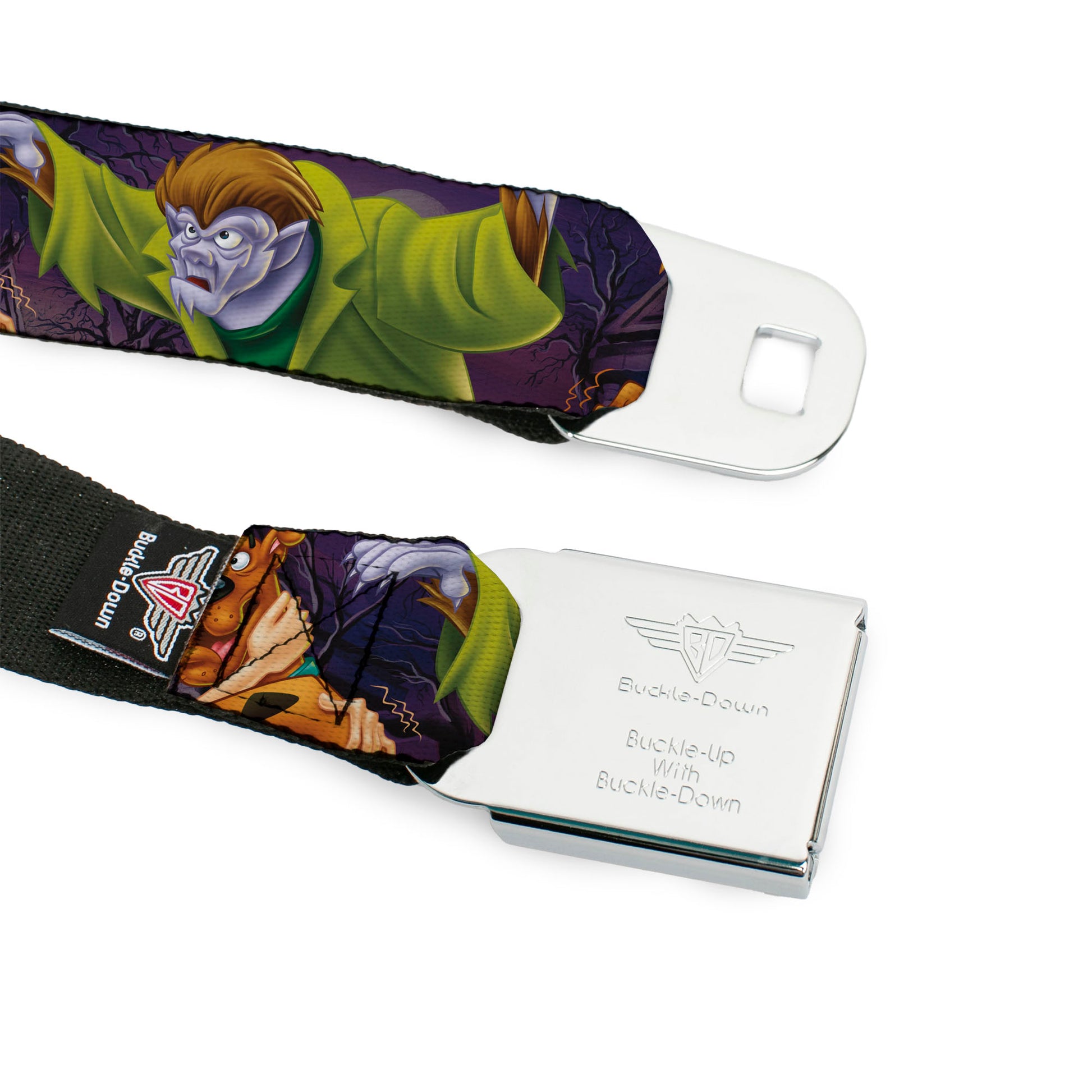 Scooby Doo Face Full Color Black Seatbelt Belt - Scooby & Shaggy Hugging w/Werewolf Man Purple Webbing Seatbelt Belts Scooby Doo