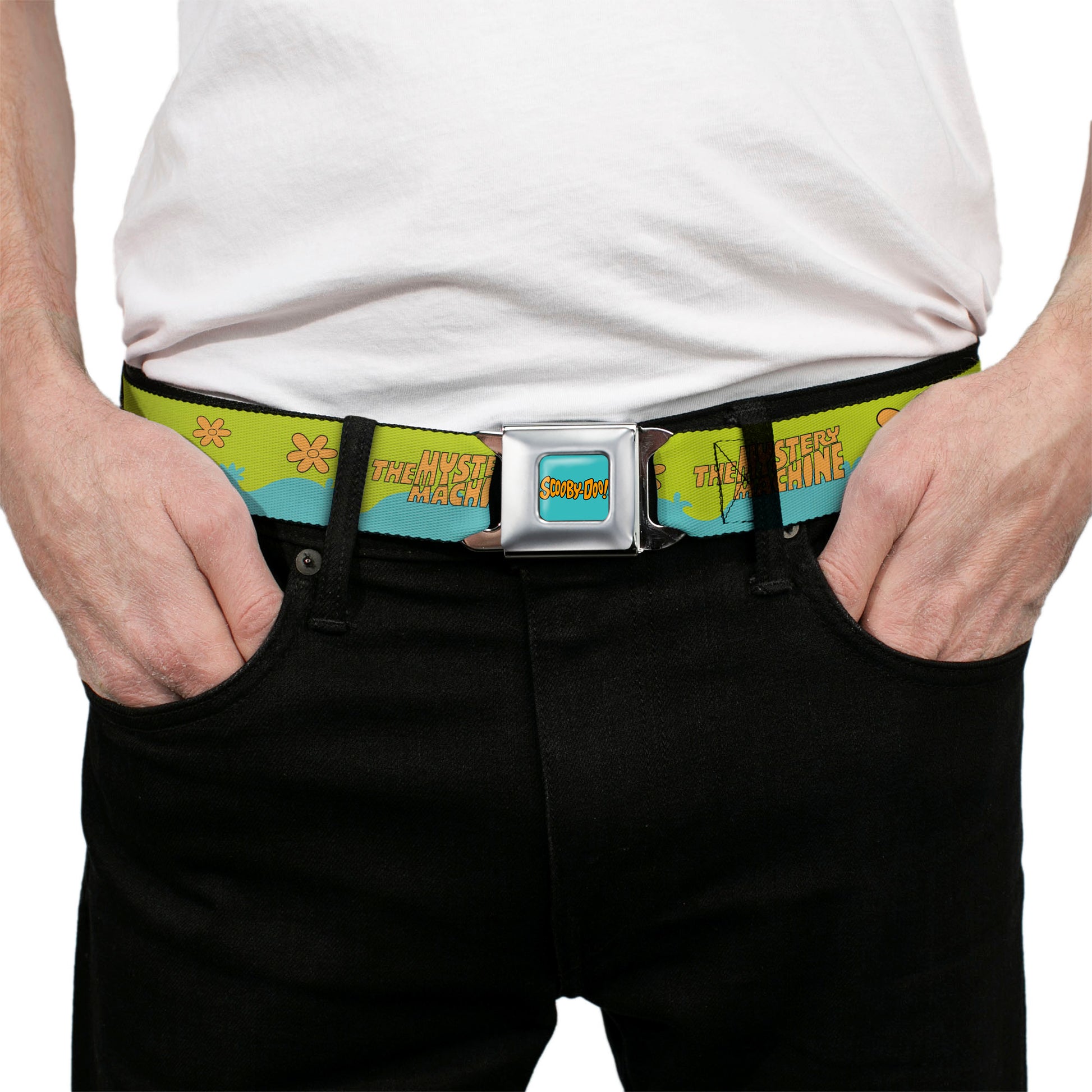 SCOOBY DOO! Text Logo Full Color Aqua/Orange Seatbelt Belt - Scooby Doo THE MYSTERY MACHINE Paint Job Green/Aqua/Orange Webbing Seatbelt Belts Scooby Doo