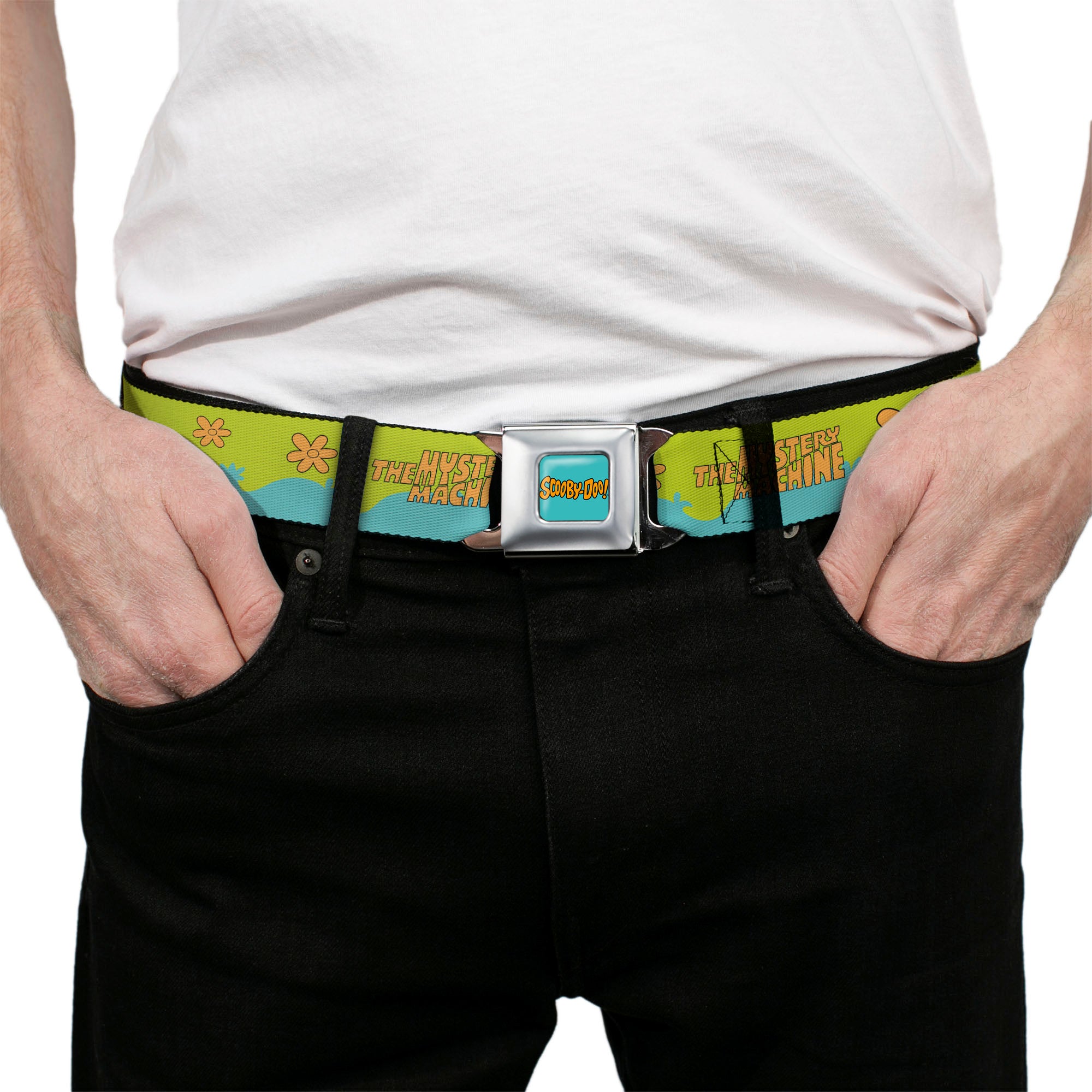 SCOOBY DOO! Text Logo Full Color Aqua/Orange Seatbelt Belt - Scooby Doo THE MYSTERY MACHINE Paint Job Green/Aqua/Orange Webbing Seatbelt Belts Scooby Doo