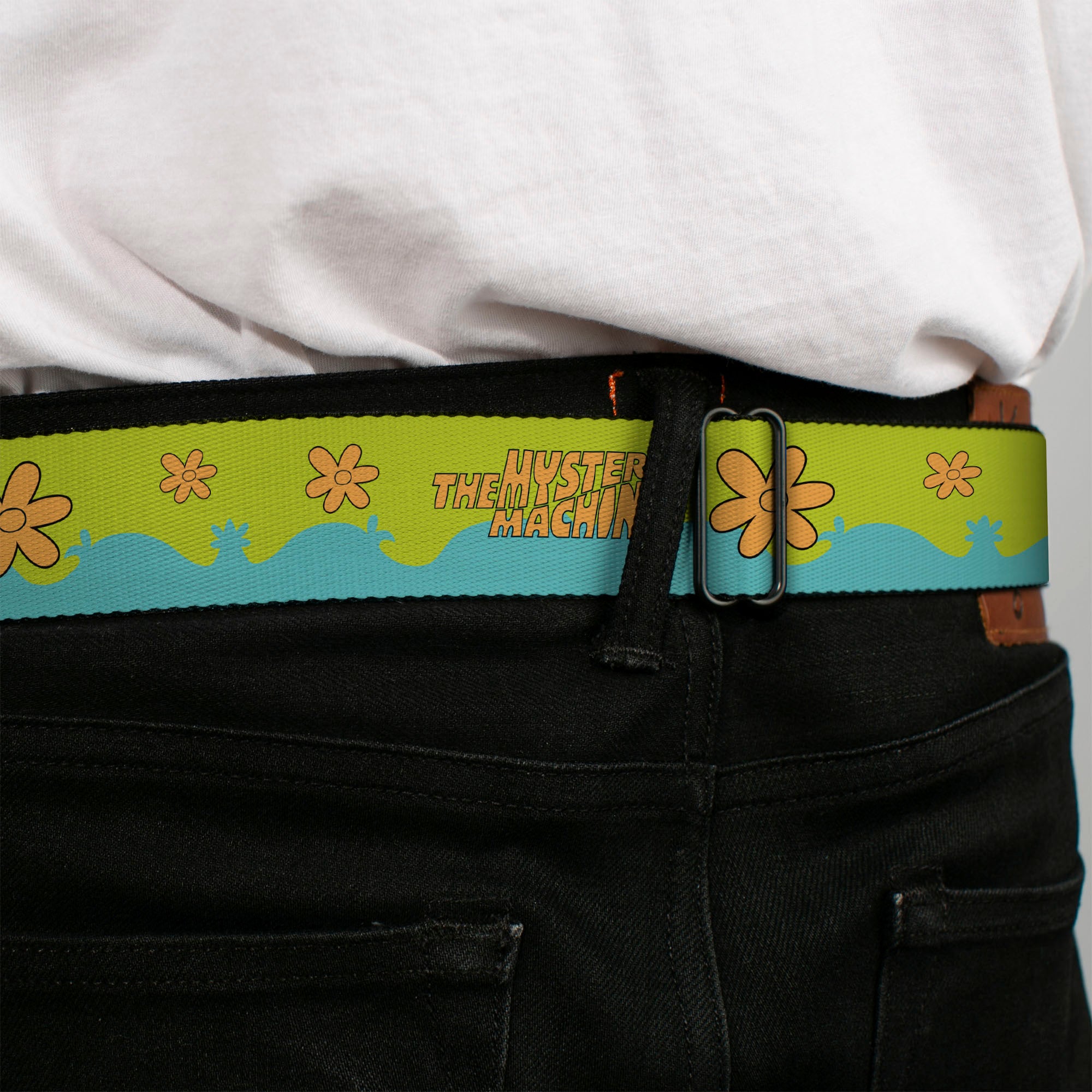 SCOOBY DOO! Text Logo Full Color Aqua/Orange Seatbelt Belt - Scooby Doo THE MYSTERY MACHINE Paint Job Green/Aqua/Orange Webbing Seatbelt Belts Scooby Doo