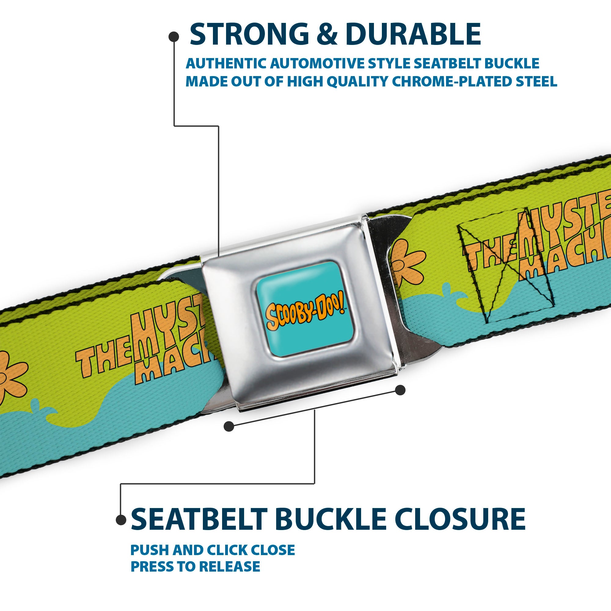SCOOBY DOO! Text Logo Full Color Aqua/Orange Seatbelt Belt - Scooby Doo THE MYSTERY MACHINE Paint Job Green/Aqua/Orange Webbing Seatbelt Belts Scooby Doo