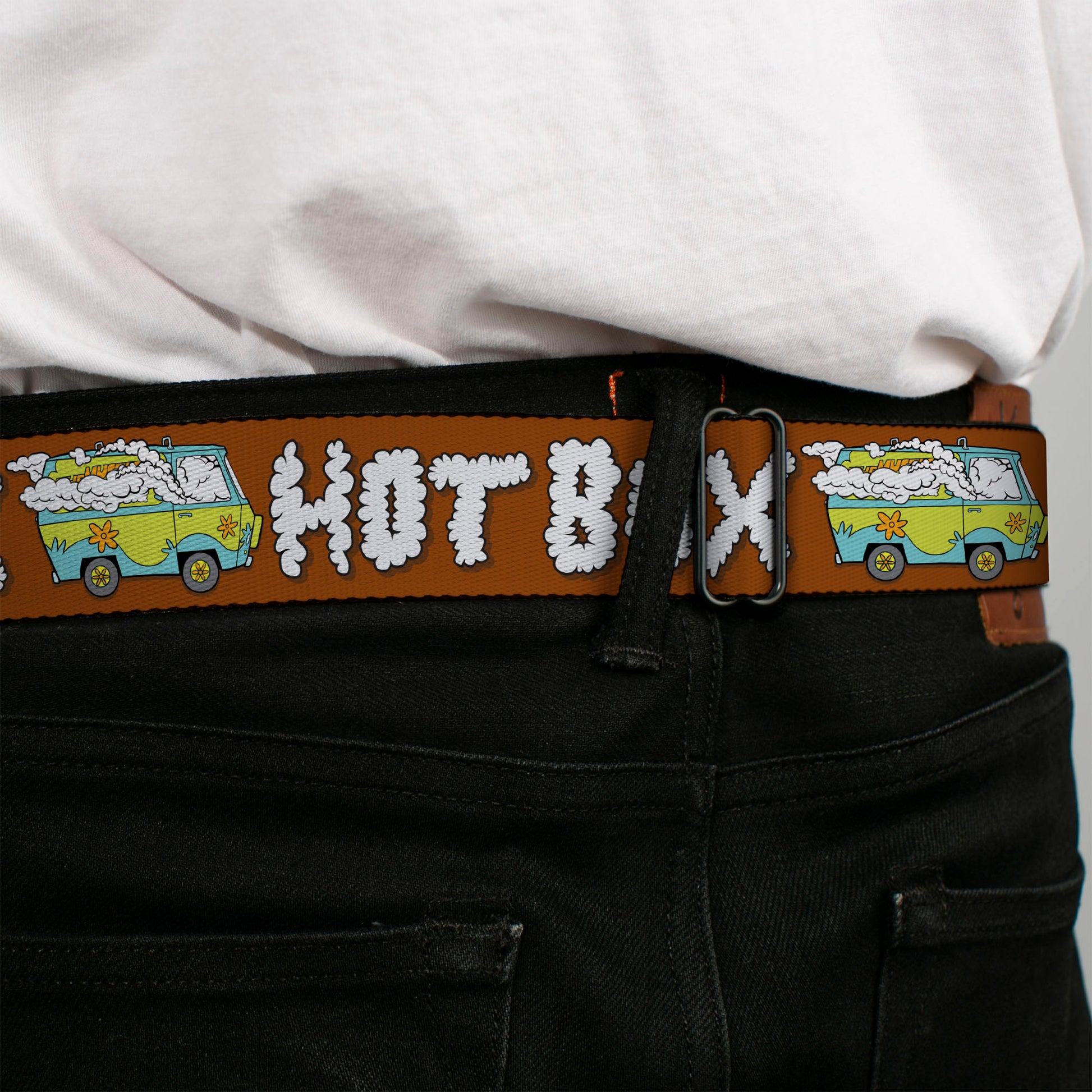 Scooby & Shaggy BAKED Full Color Turquoise Green Seatbelt Belt - Mystery Machine HOT BOXED Clouds Orange/White Webbing Seatbelt Belts Scooby Doo