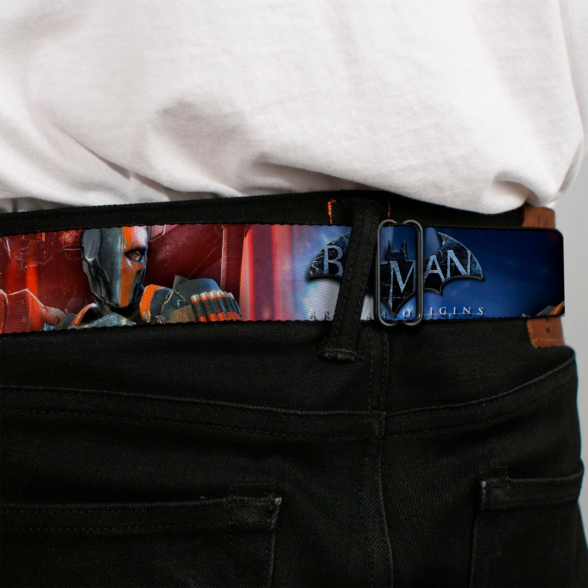Deadstroke Logo Full Color Black Red White Seatbelt Belt - DEATHSTROKE Pose/BATMAN ARKHAM ORIGINS Logo Webbing Seatbelt Belts DC Comics
