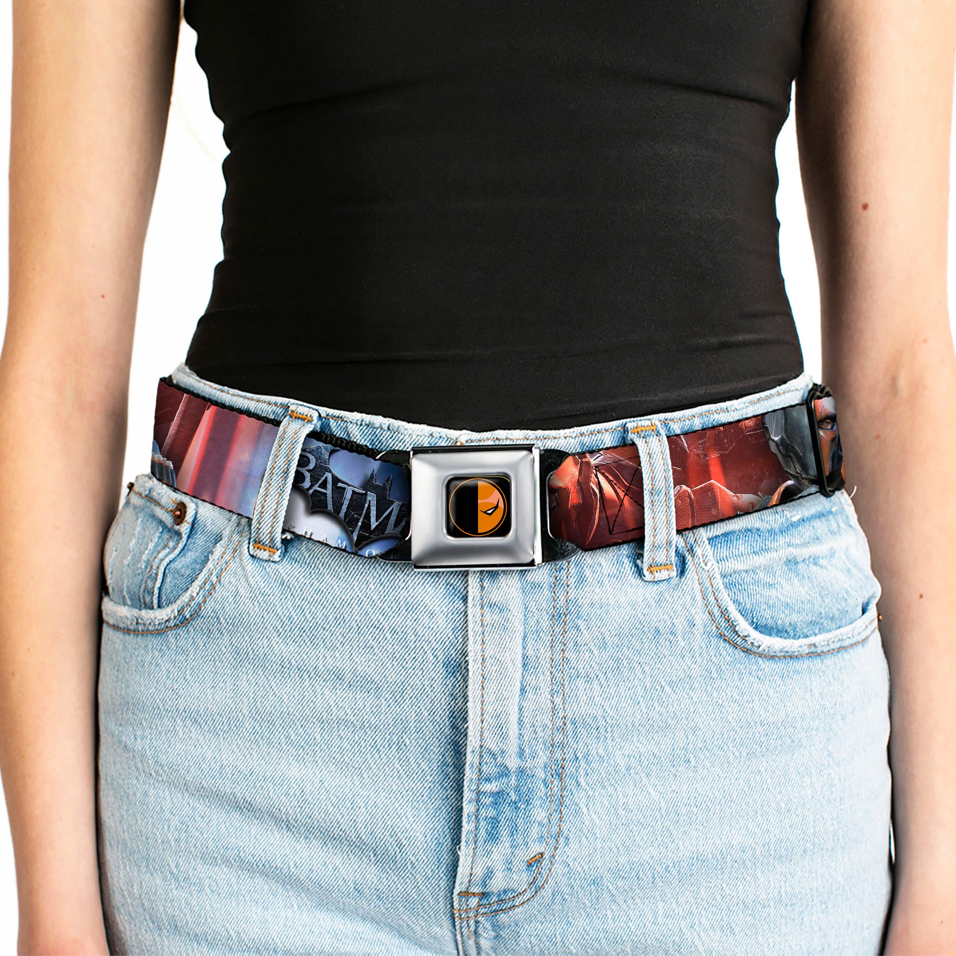 Deadstroke Logo Full Color Black Red White Seatbelt Belt - DEATHSTROKE Pose/BATMAN ARKHAM ORIGINS Logo Webbing Seatbelt Belts DC Comics