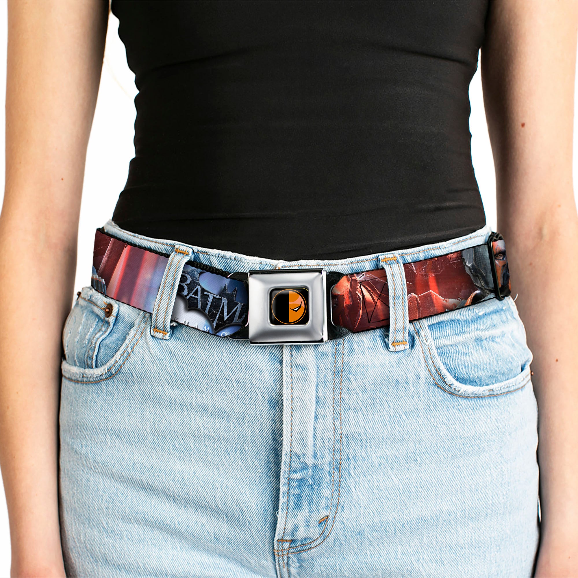 Deadstroke Logo Full Color Black Red White Seatbelt Belt - DEATHSTROKE Pose/BATMAN ARKHAM ORIGINS Logo Webbing Seatbelt Belts DC Comics