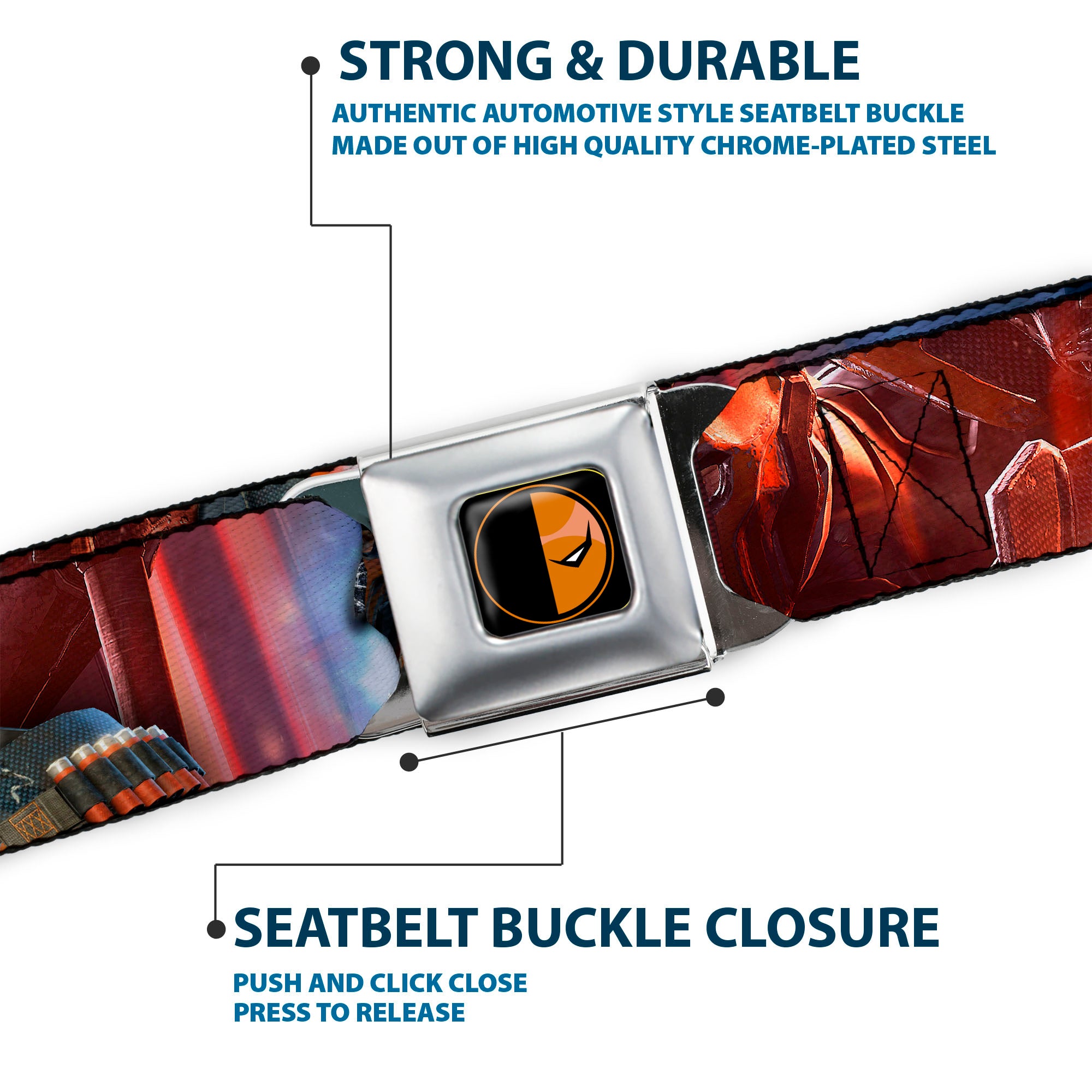 Deadstroke Logo Full Color Black Red White Seatbelt Belt - DEATHSTROKE Pose/BATMAN ARKHAM ORIGINS Logo Webbing Seatbelt Belts DC Comics