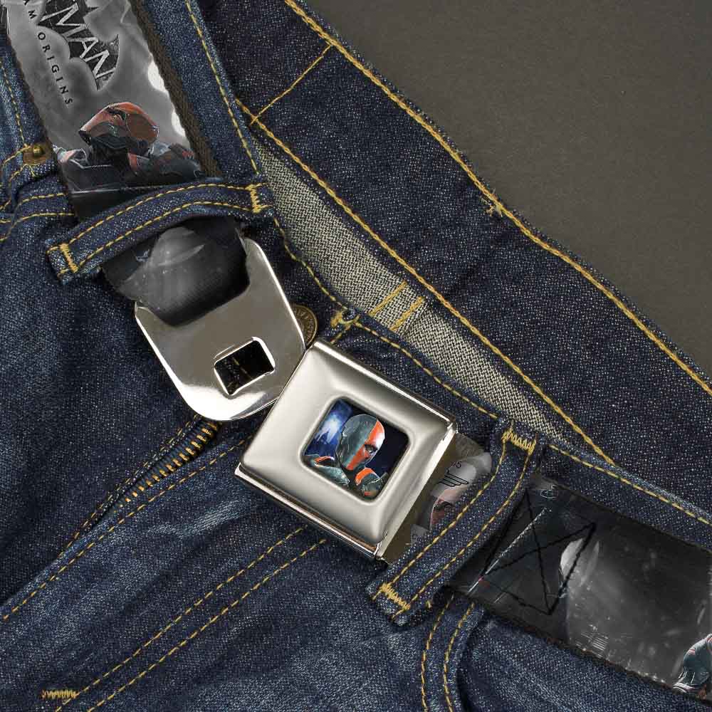 Arkham Origins Deathstroke Face CLOSE-UP Full Color Seatbelt Belt - BATMAN ARKHAM ORIGINS Deathstroke 3-Poses/Batman Battle Scene Grays/Reds Webbing Seatbelt Belts DC Comics