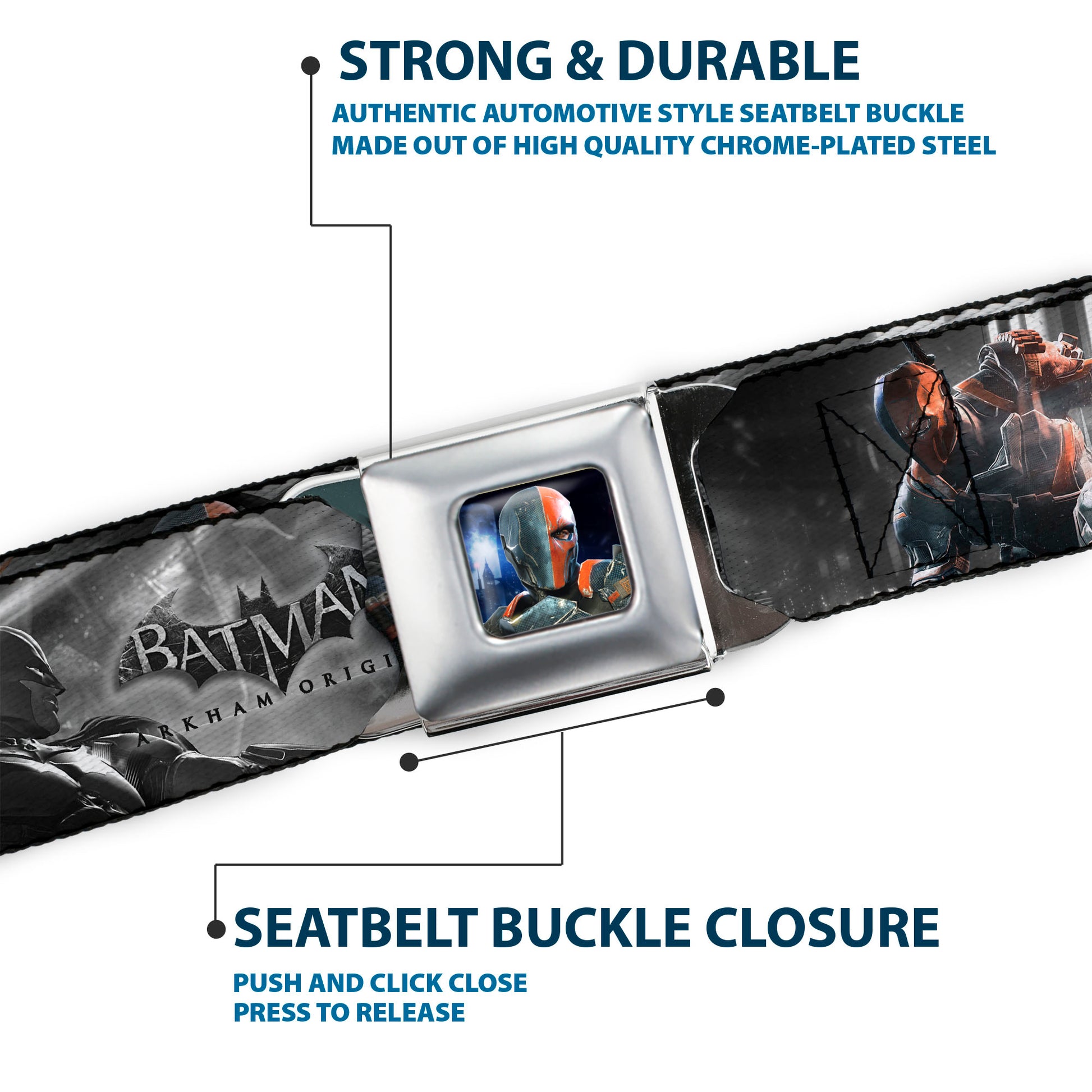 Arkham Origins Deathstroke Face CLOSE-UP Full Color Seatbelt Belt - BATMAN ARKHAM ORIGINS Deathstroke 3-Poses/Batman Battle Scene Grays/Reds Webbing Seatbelt Belts DC Comics