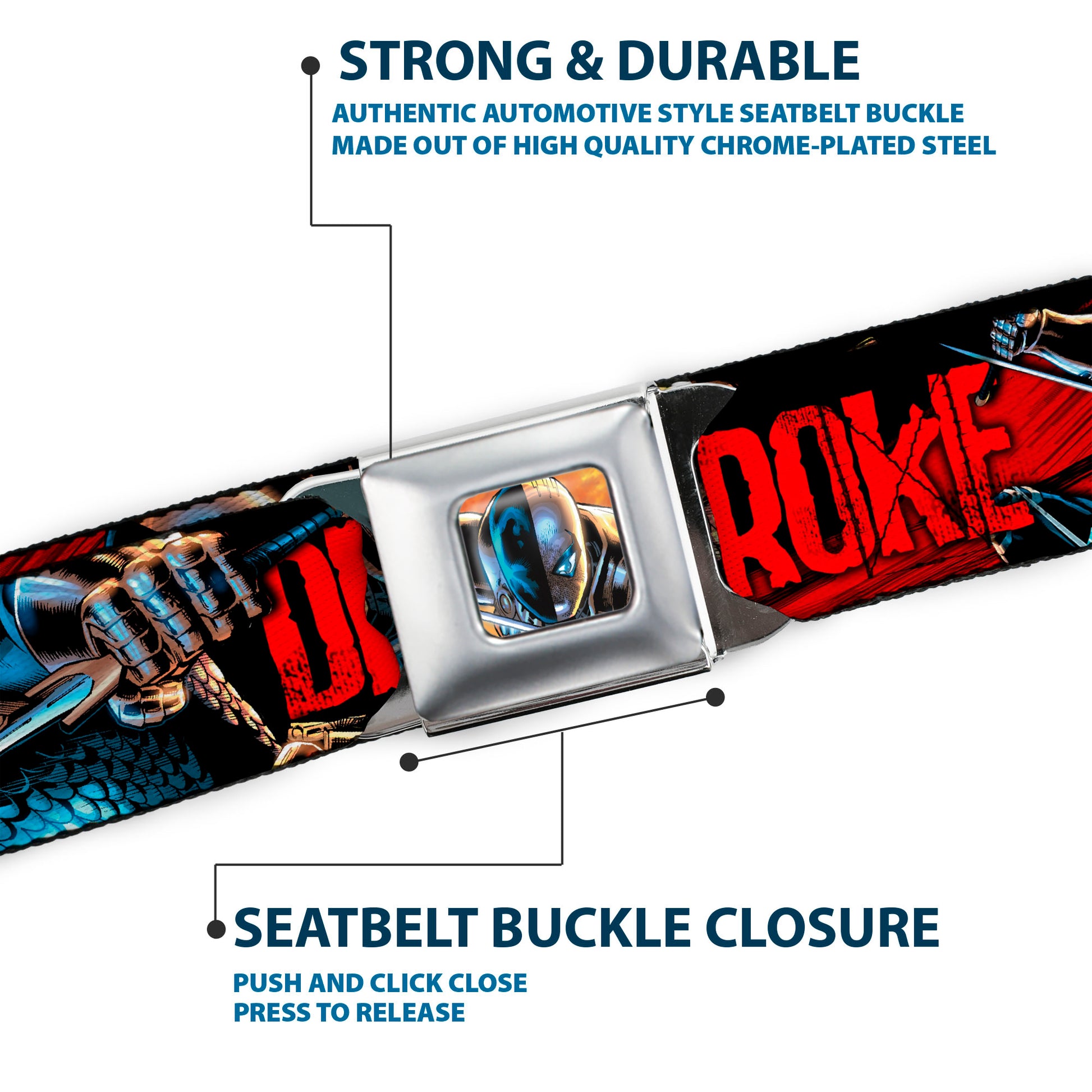 New 52 Deathstroke Face CLOSE-UP Full Color Red Seatbelt Belt - New 52 DEATHSTROKE Action Poses Black/Red Webbing Seatbelt Belts DC Comics