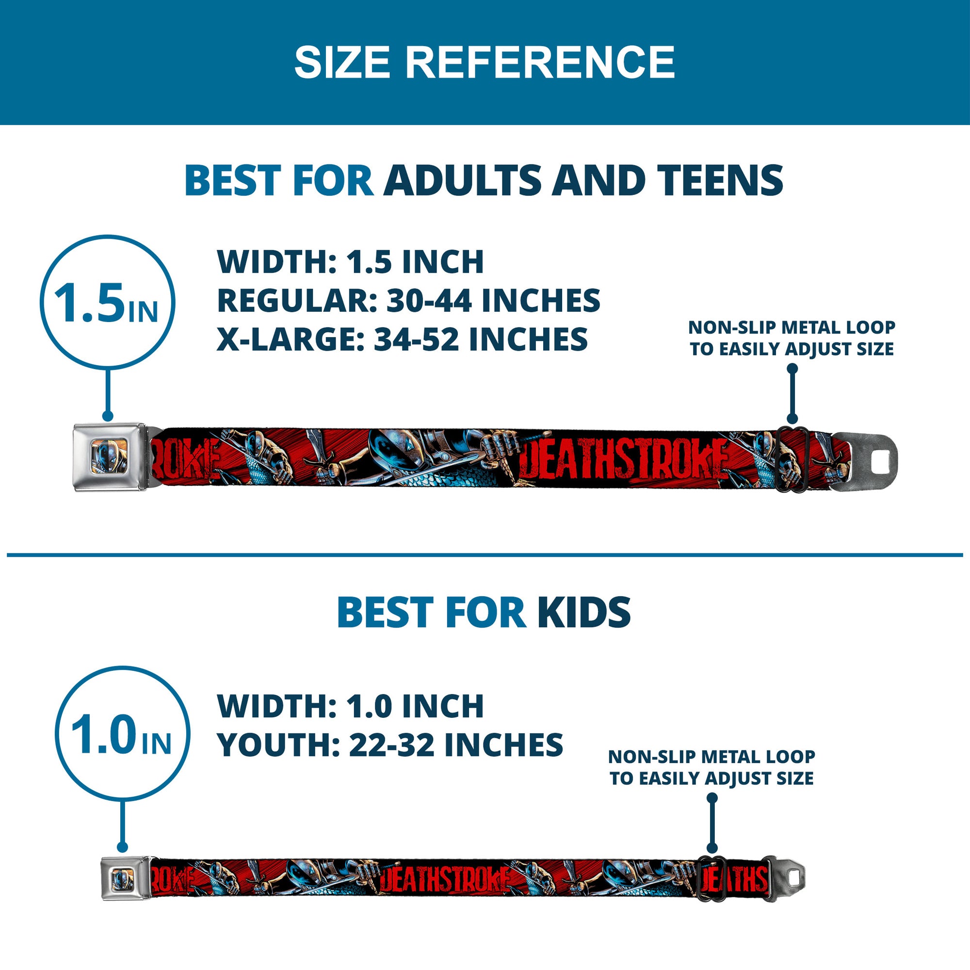 New 52 Deathstroke Face CLOSE-UP Full Color Red Seatbelt Belt - New 52 DEATHSTROKE Action Poses Black/Red Webbing Seatbelt Belts DC Comics
