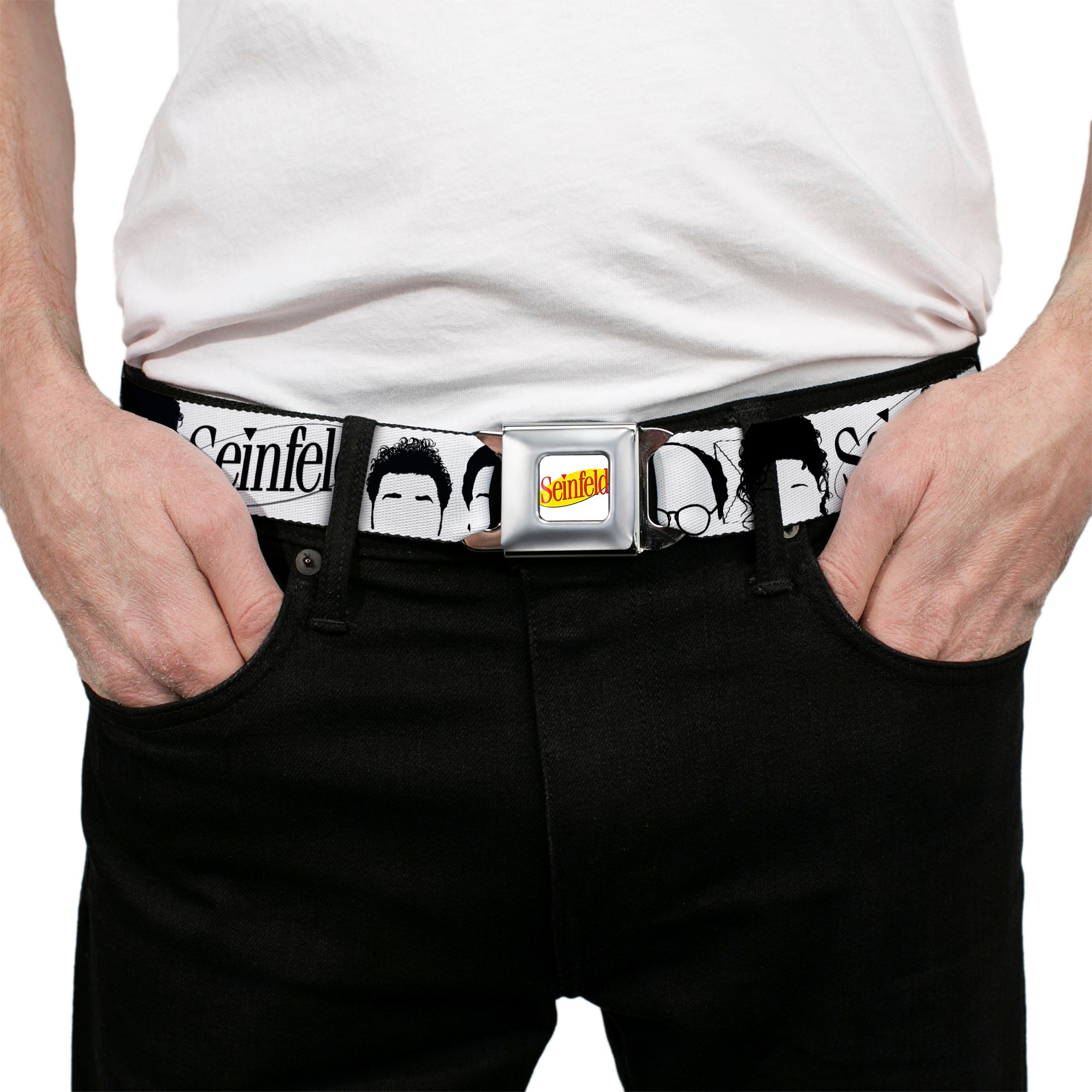 SEINFELD Spotlight Logo Full Color White/Yellow/Red Seatbelt Belt - SEINFELD Cast Face Silhouettes White/Black Webbing Seatbelt Belts Seinfeld