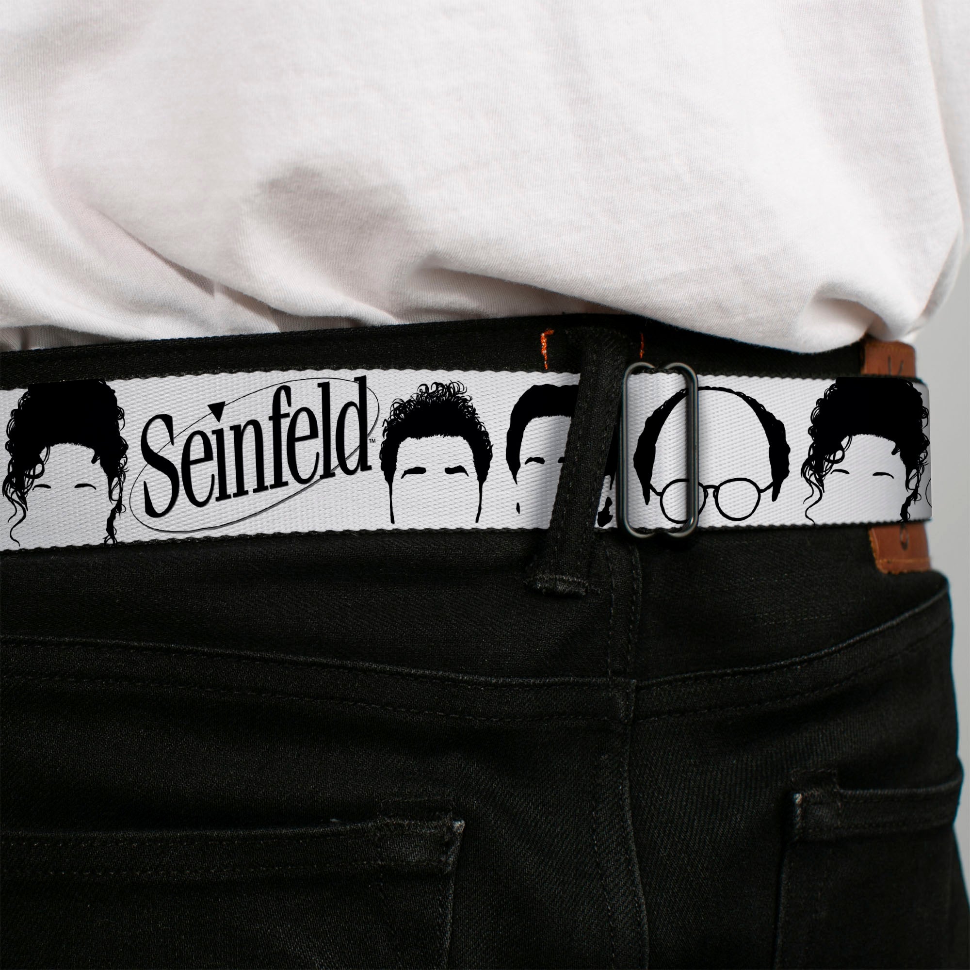 SEINFELD Spotlight Logo Full Color White/Yellow/Red Seatbelt Belt - SEINFELD Cast Face Silhouettes White/Black Webbing Seatbelt Belts Seinfeld