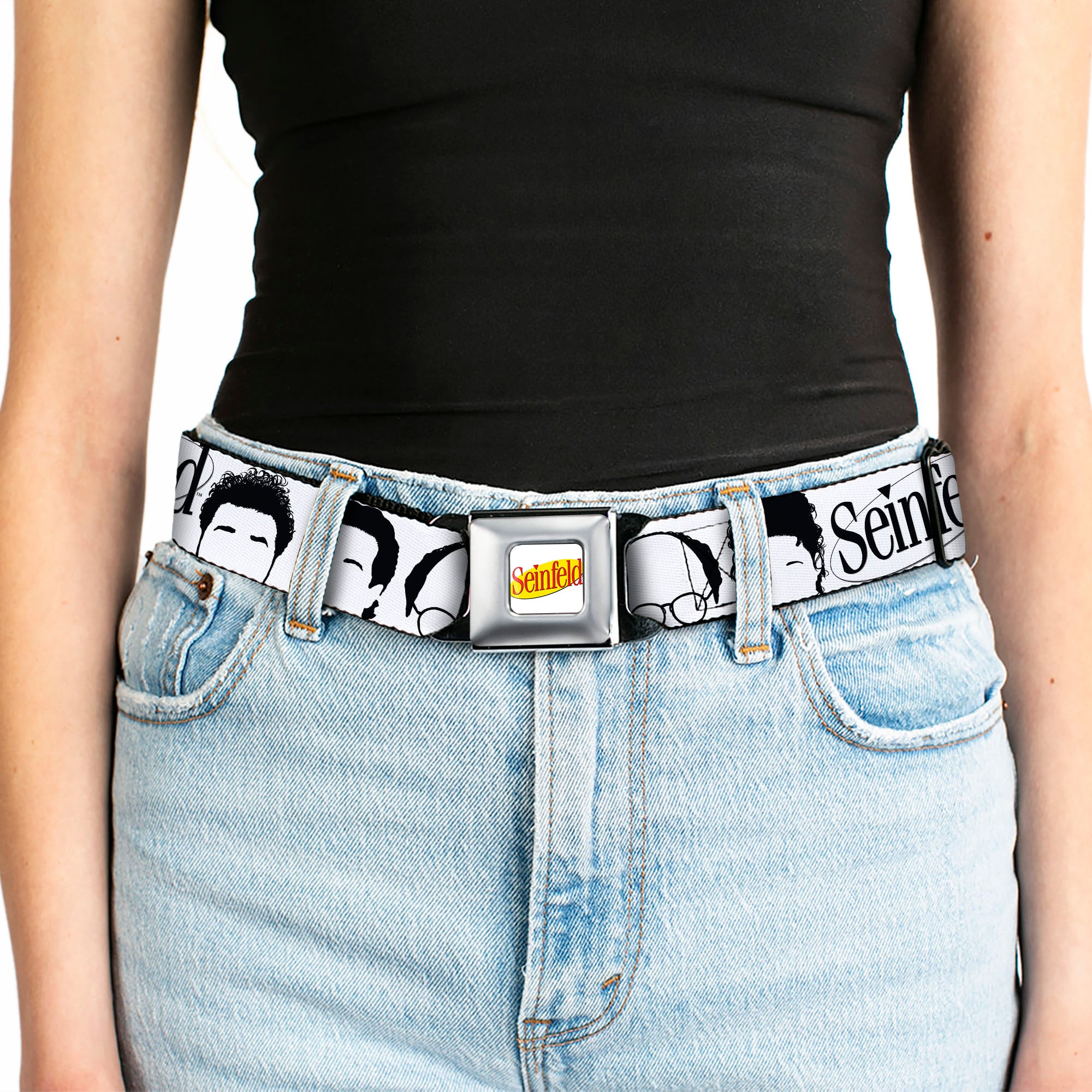 SEINFELD Spotlight Logo Full Color White/Yellow/Red Seatbelt Belt - SEINFELD Cast Face Silhouettes White/Black Webbing Seatbelt Belts Seinfeld