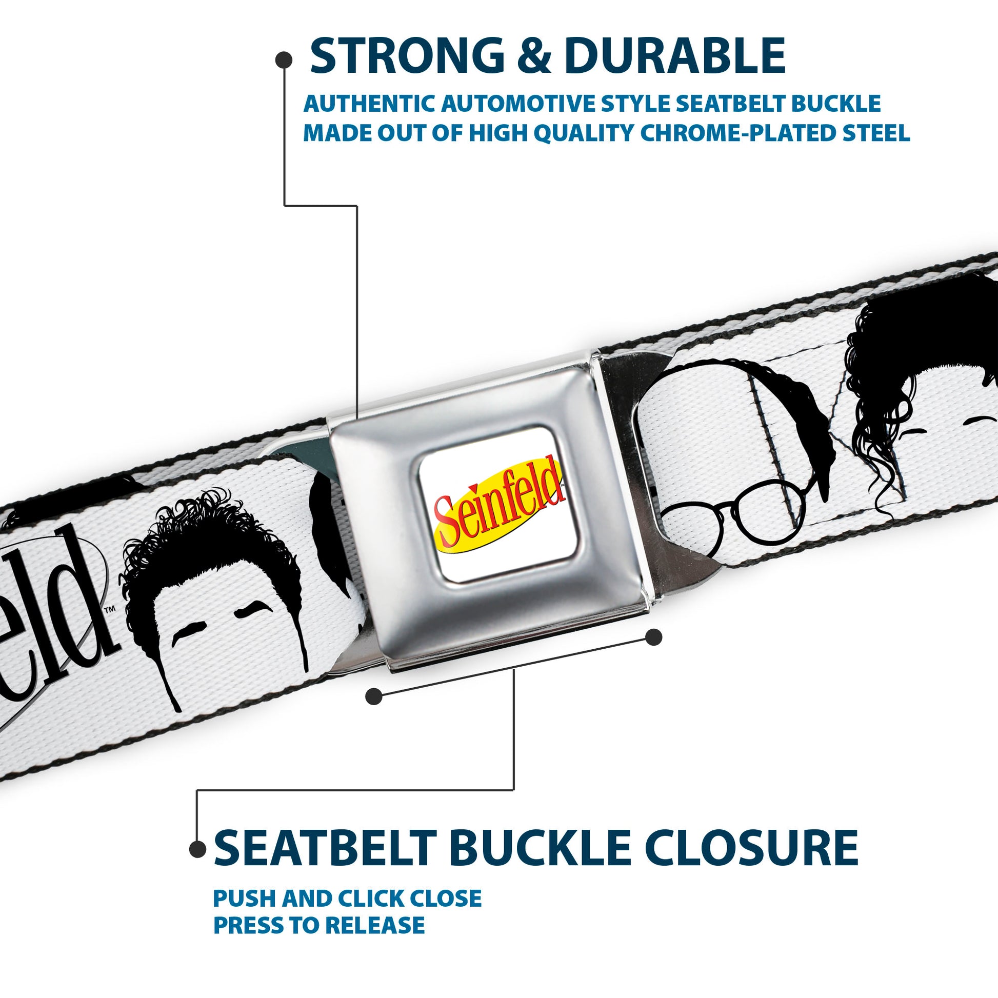 SEINFELD Spotlight Logo Full Color White/Yellow/Red Seatbelt Belt - SEINFELD Cast Face Silhouettes White/Black Webbing Seatbelt Belts Seinfeld