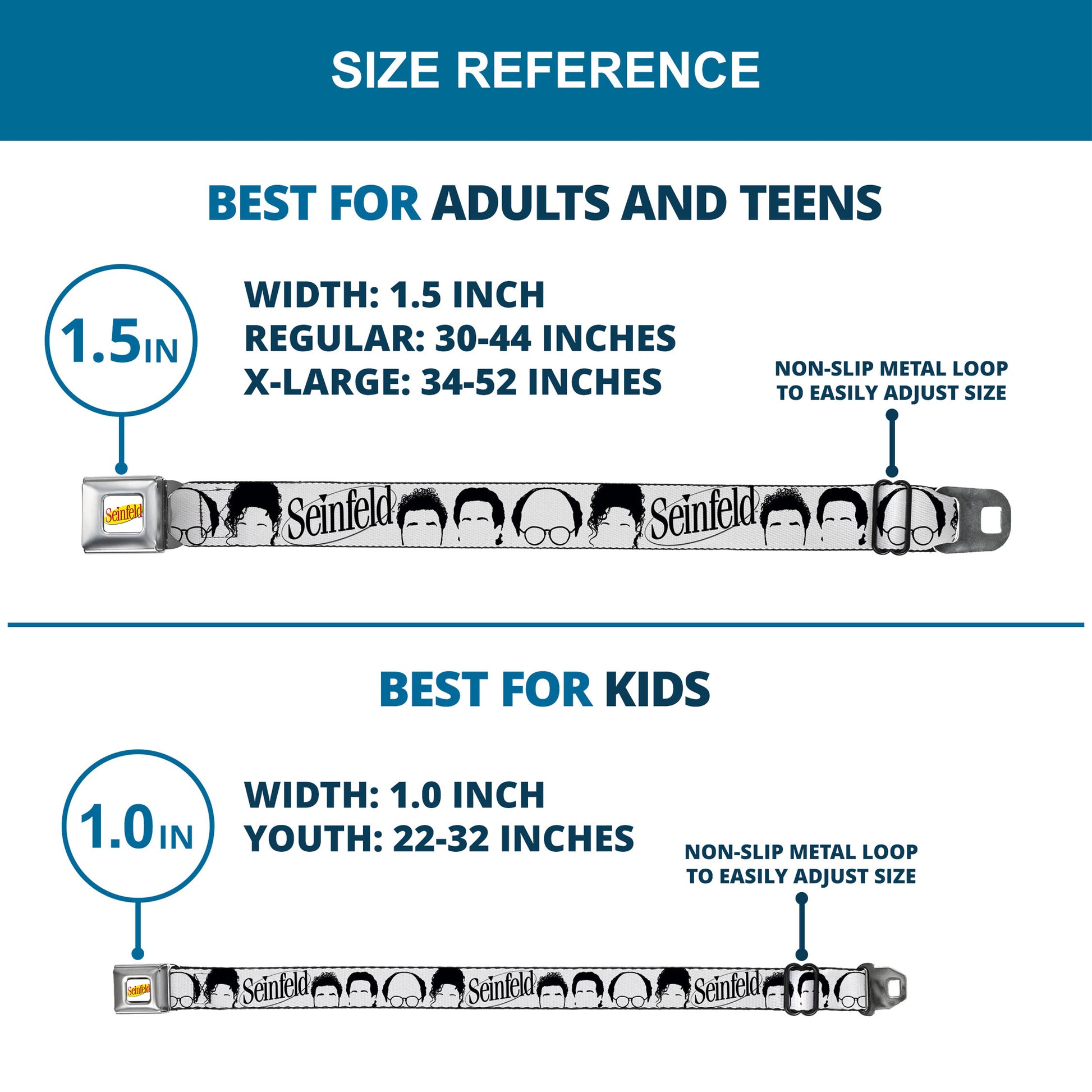 SEINFELD Spotlight Logo Full Color White/Yellow/Red Seatbelt Belt - SEINFELD Cast Face Silhouettes White/Black Webbing Seatbelt Belts Seinfeld