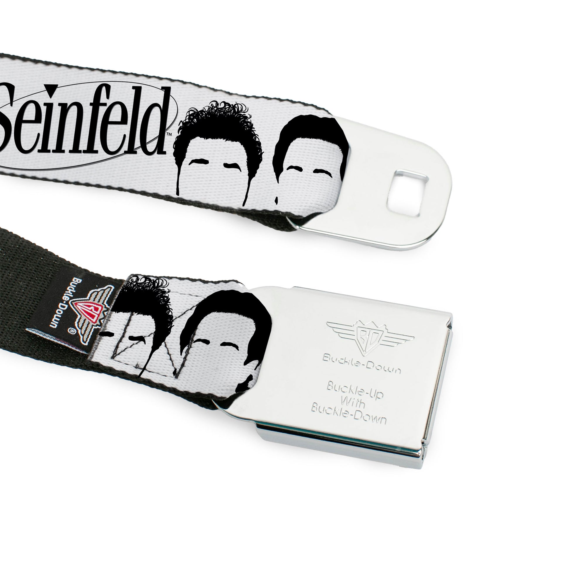 SEINFELD Spotlight Logo Full Color White/Yellow/Red Seatbelt Belt - SEINFELD Cast Face Silhouettes White/Black Webbing Seatbelt Belts Seinfeld