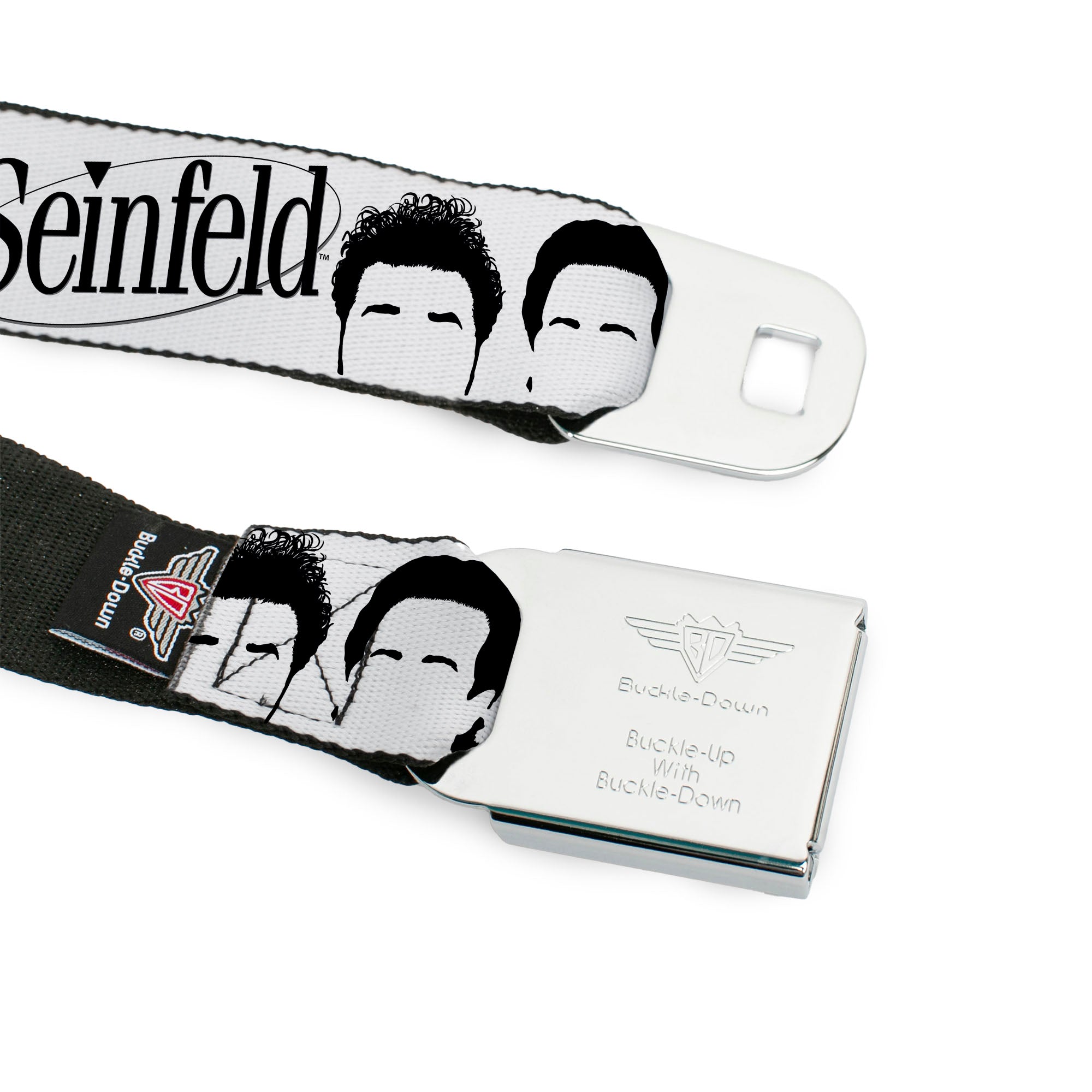 SEINFELD Spotlight Logo Full Color White/Yellow/Red Seatbelt Belt - SEINFELD Cast Face Silhouettes White/Black Webbing Seatbelt Belts Seinfeld