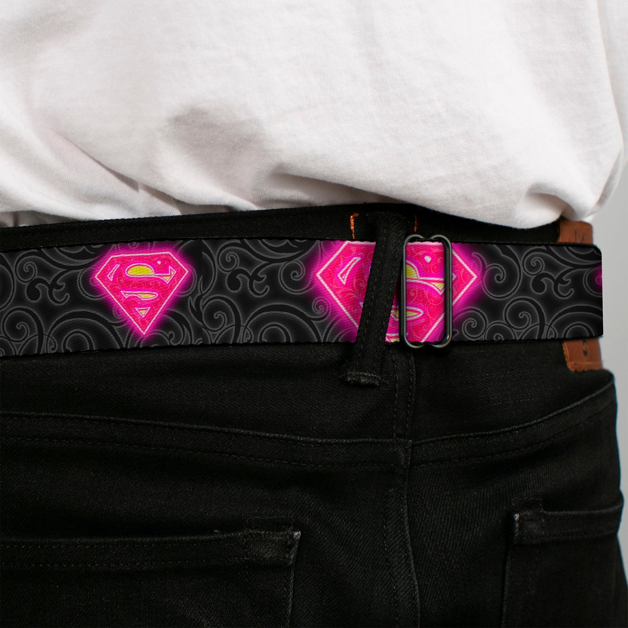 Electric Supergirl Shield Full Color Black Hot Pink Yellow Seatbelt Belt - Electric Supergirl Shield/Swirl Black/Gray/Hot Pink/Yellow Webbing Seatbelt Belts DC Comics