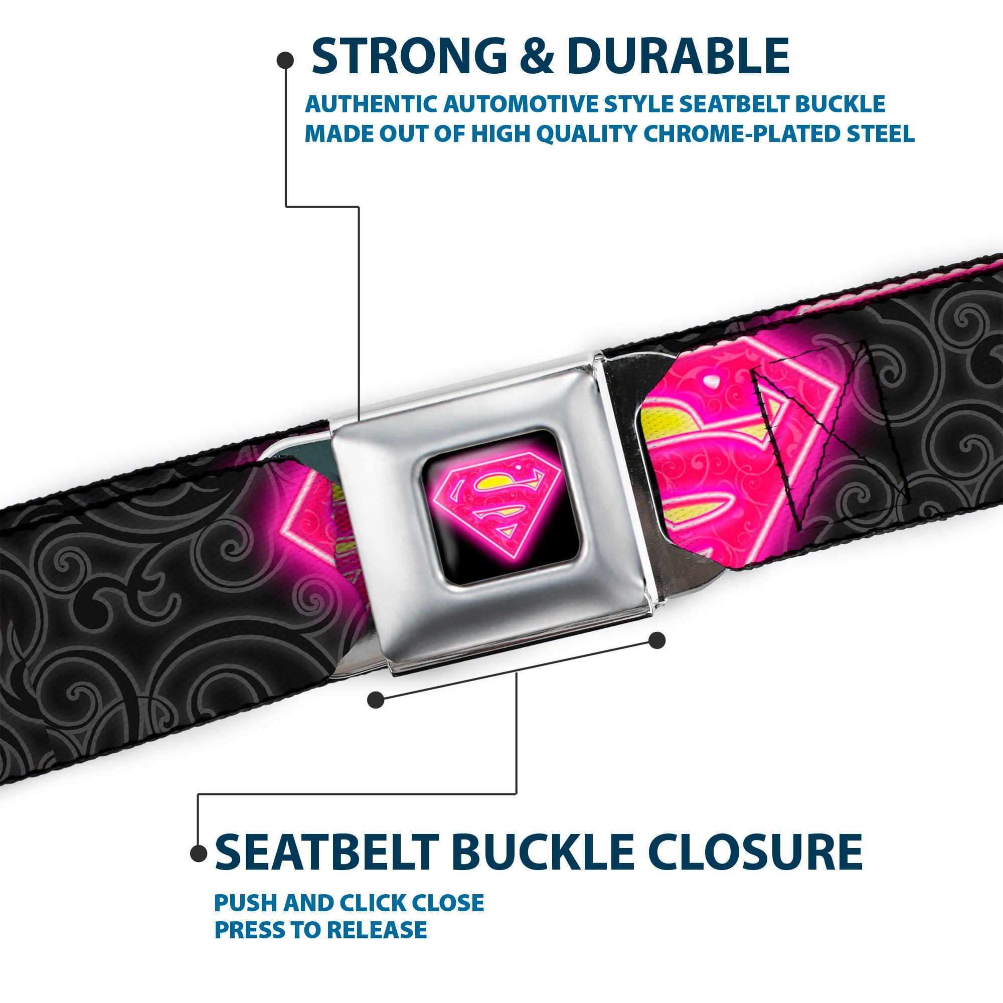 Electric Supergirl Shield Full Color Black Hot Pink Yellow Seatbelt Belt - Electric Supergirl Shield/Swirl Black/Gray/Hot Pink/Yellow Webbing Seatbelt Belts DC Comics