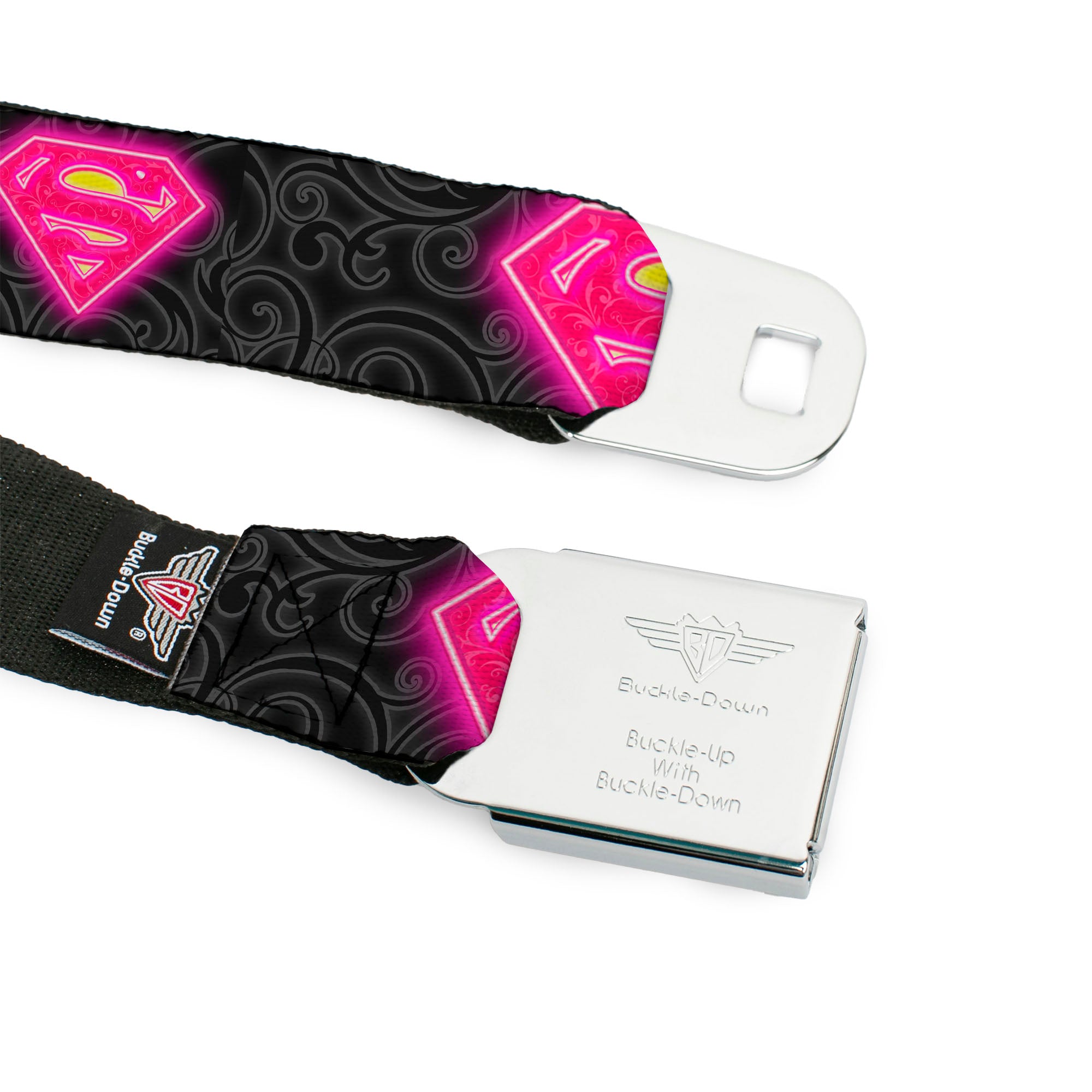 Electric Supergirl Shield Full Color Black Hot Pink Yellow Seatbelt Belt - Electric Supergirl Shield/Swirl Black/Gray/Hot Pink/Yellow Webbing Seatbelt Belts DC Comics