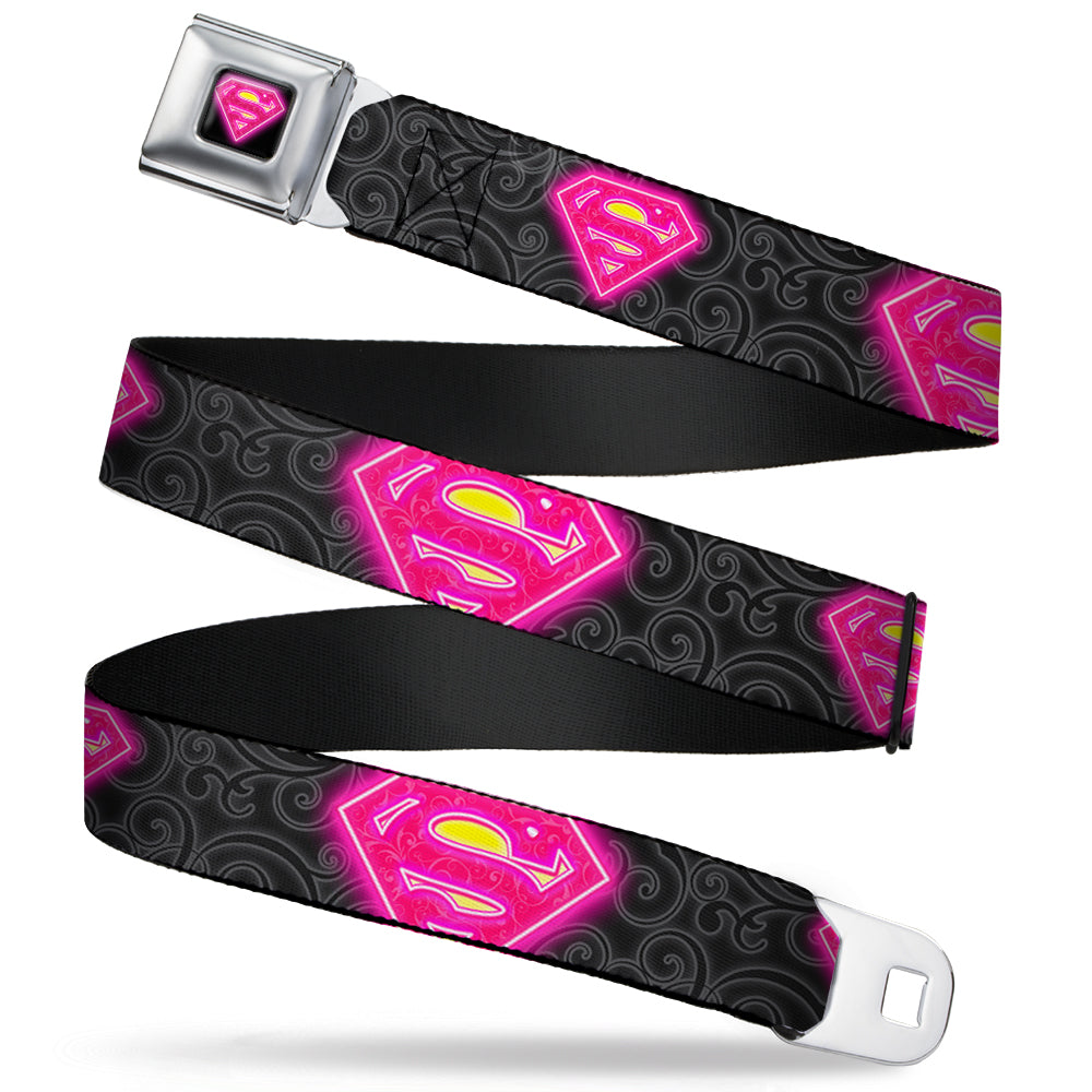 Electric Supergirl Shield Full Color Black Hot Pink Yellow Seatbelt Belt - Electric Supergirl Shield/Swirl Black/Gray/Hot Pink/Yellow Webbing Seatbelt Belts DC Comics
