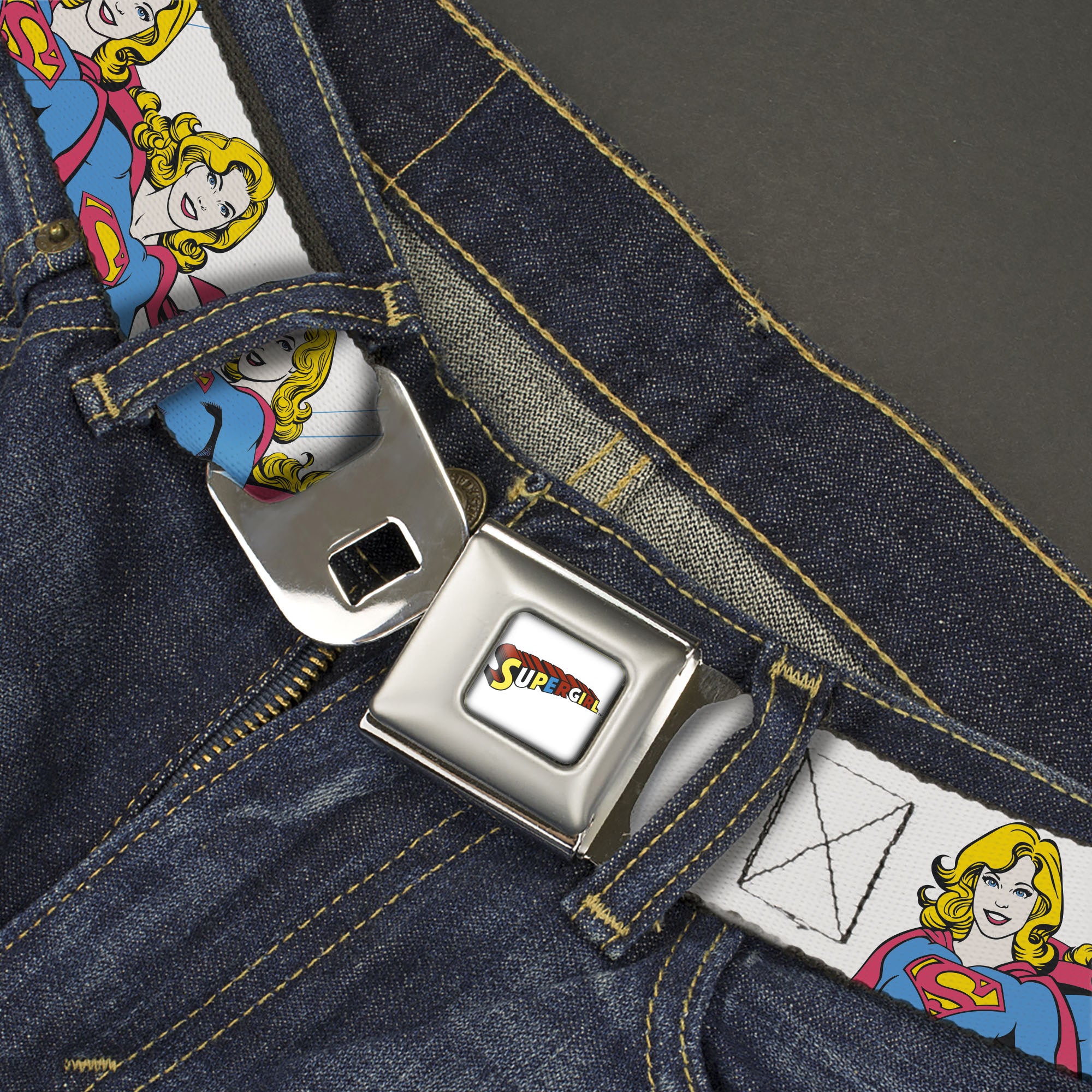 SUPERGIRL Title Full Color White/Multi Color Seatbelt Belt - Supergirl Four Poses Stack White Webbing Seatbelt Belts DC Comics