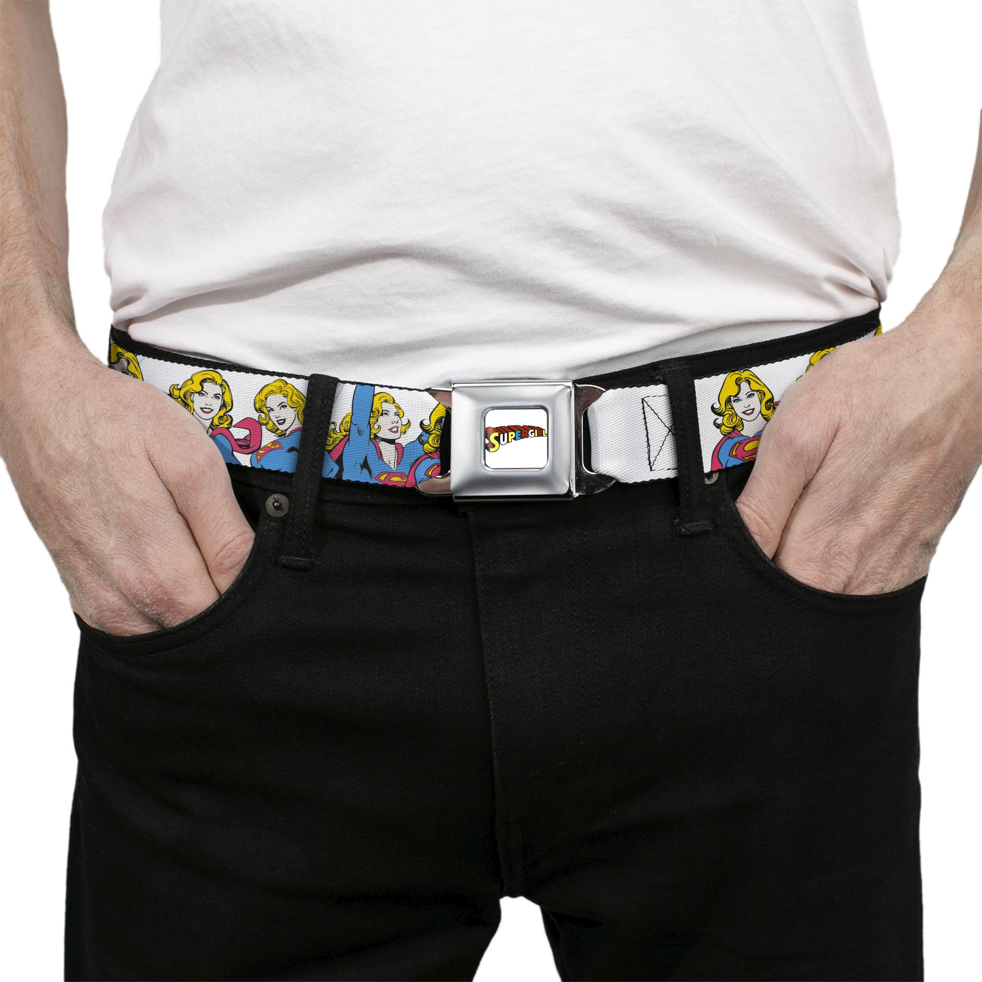 SUPERGIRL Title Full Color White/Multi Color Seatbelt Belt - Supergirl Four Poses Stack White Webbing Seatbelt Belts DC Comics